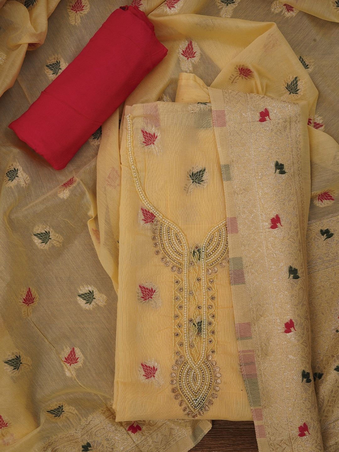 

Jaipur Kurti Zari Woven Cotton Blend Dress Material with Dupatta, Yellow