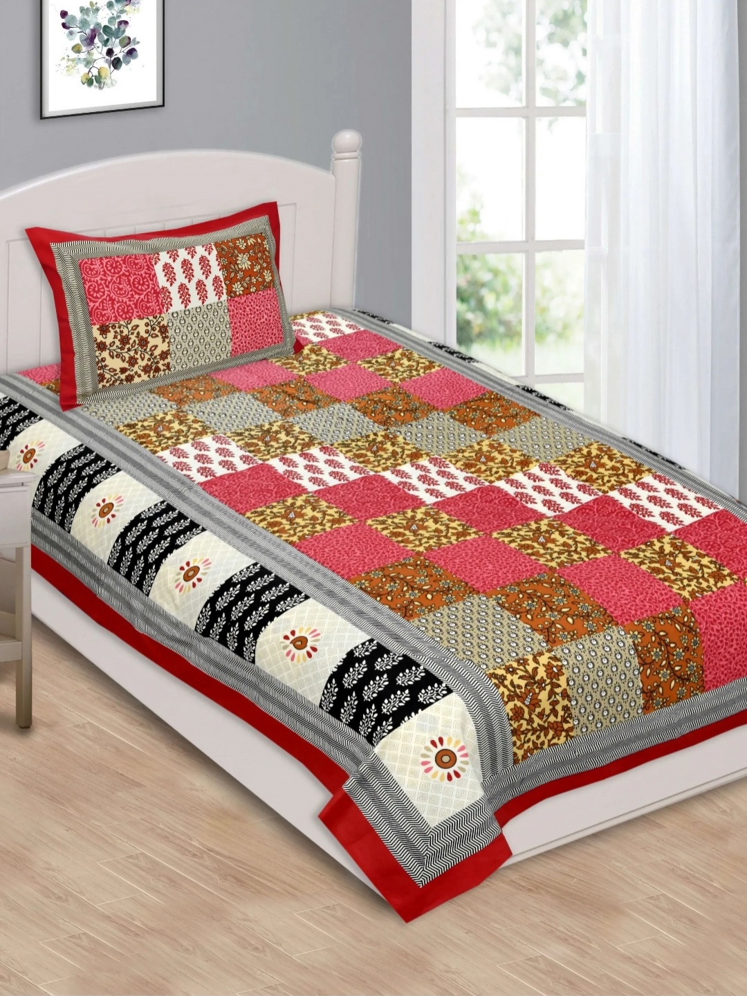 

LIVING ROOTS Red & White Ethnic Motifs Cotton 144 TC Single Bedsheet with 1 Pillow Covers