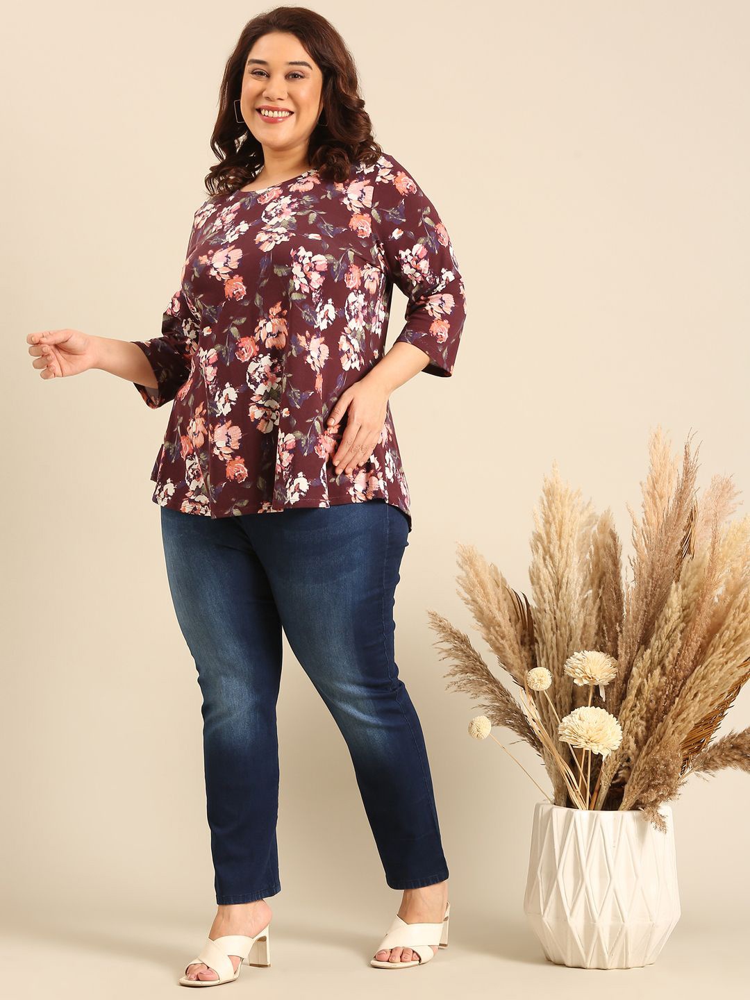 

The Pink Moon Women Floral Printed Round Neck Plus Size Top, Brown