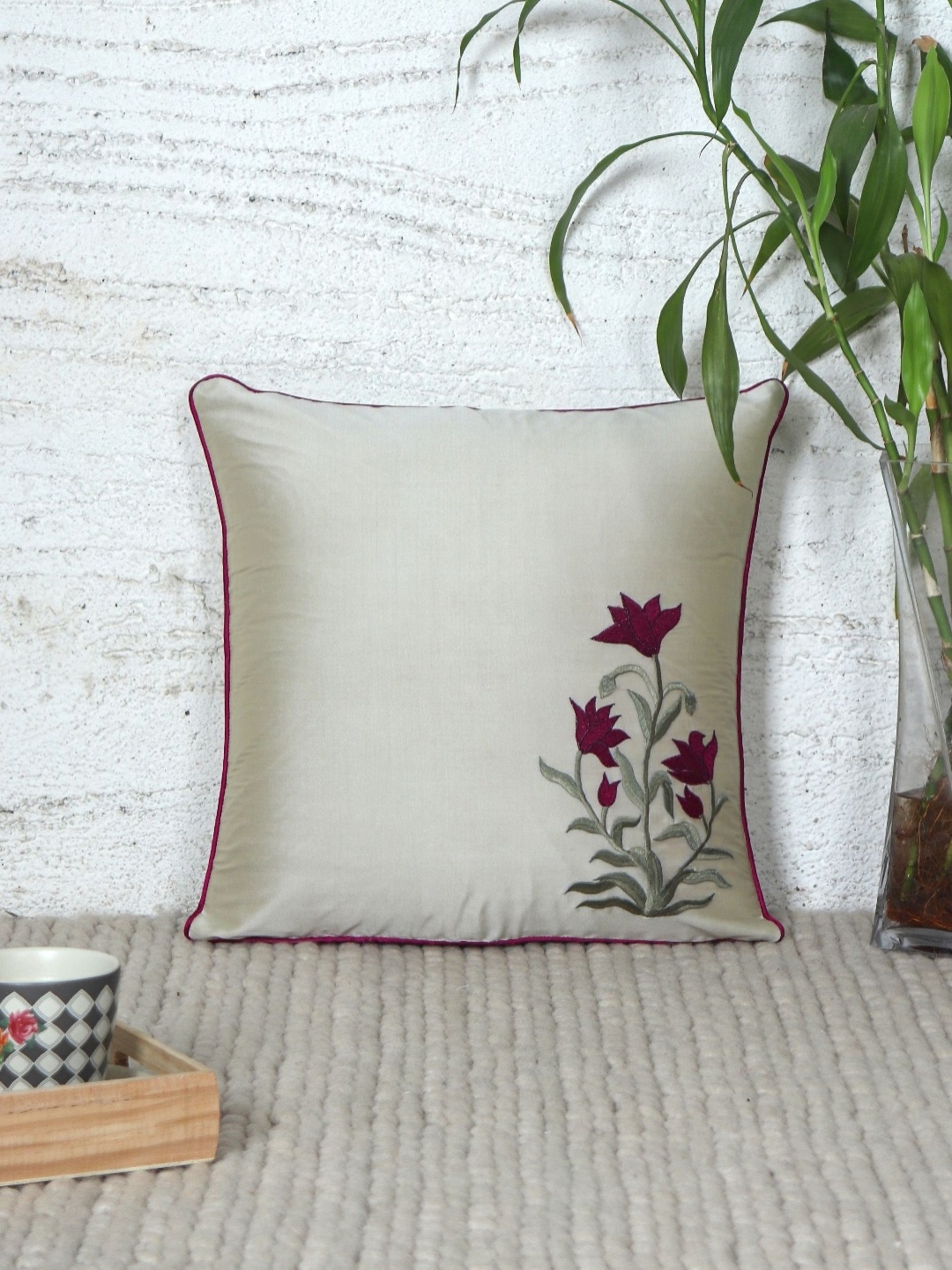 

ZEBA Off White & Purple Floral Square Cushion Covers