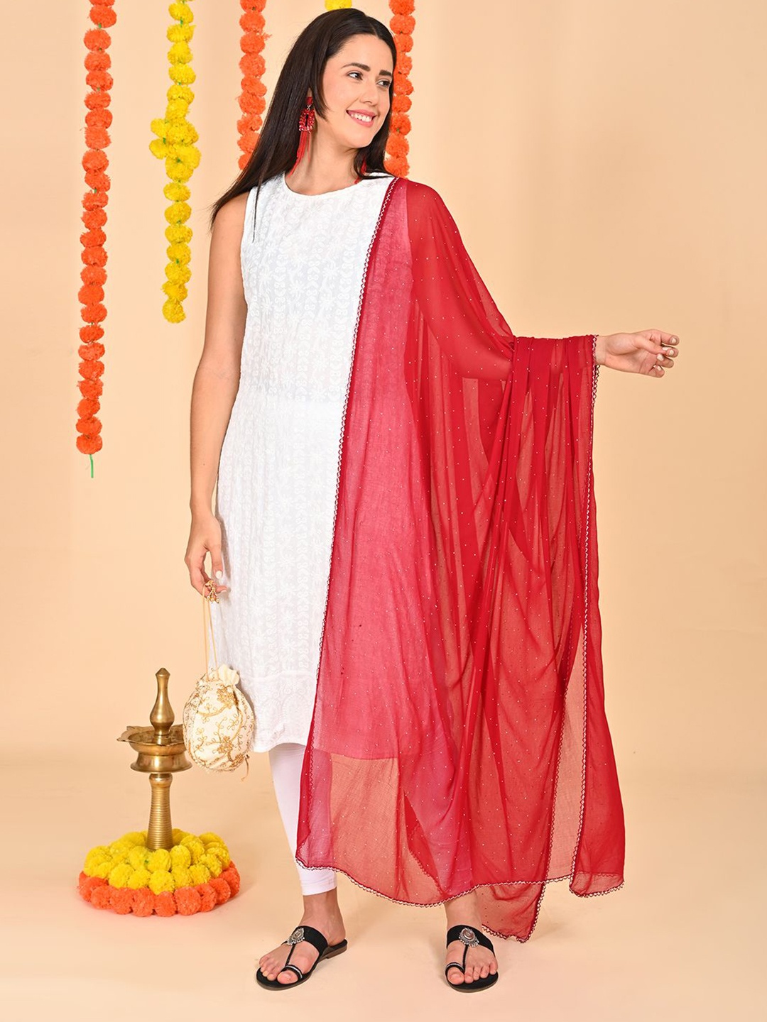

HELLA FASHIONS Polka Dots Printed Chiffon Dupatta, Maroon
