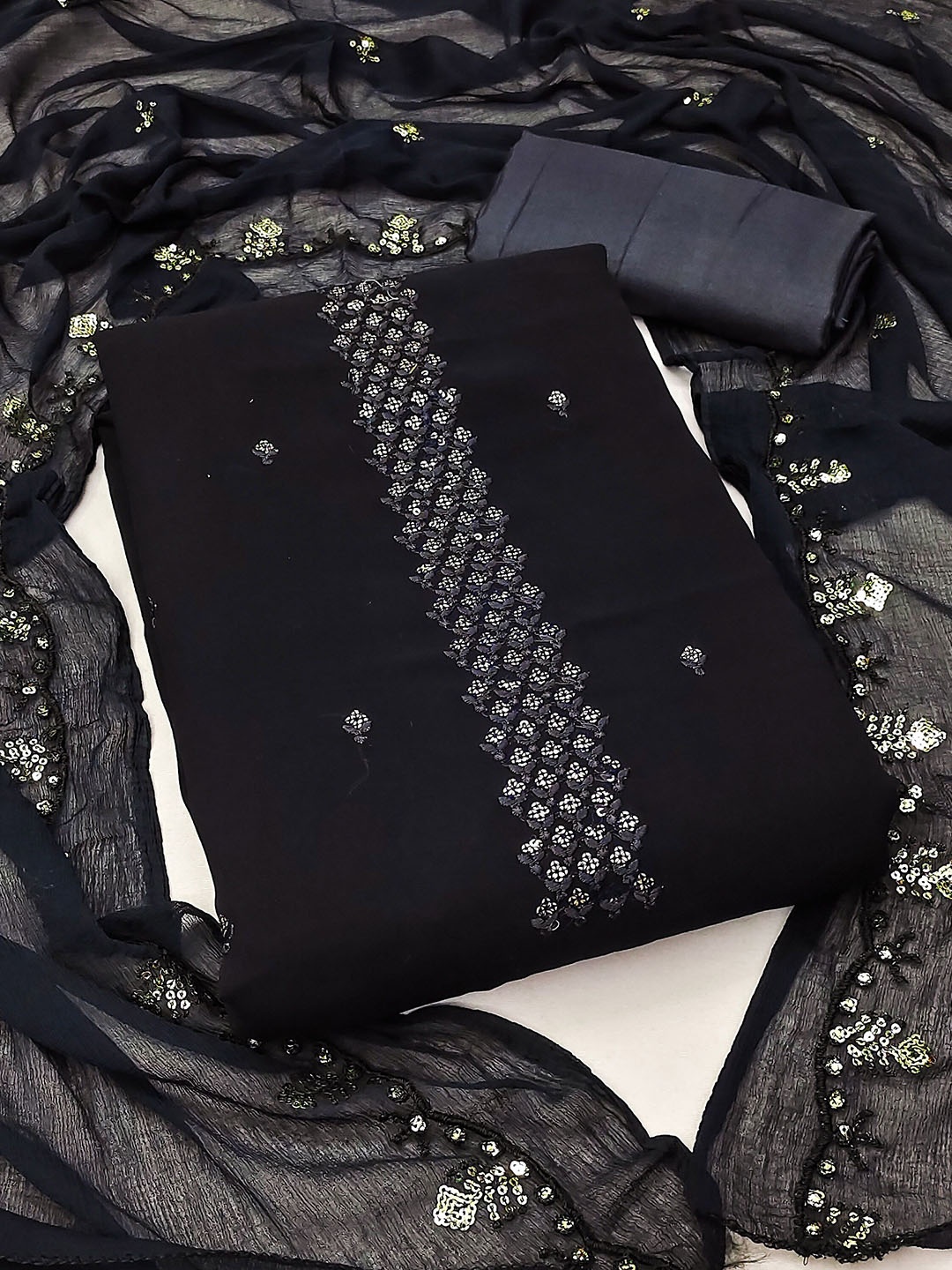 

Maroosh Floral Embellished Sequinned Unstitched Dress Material, Black