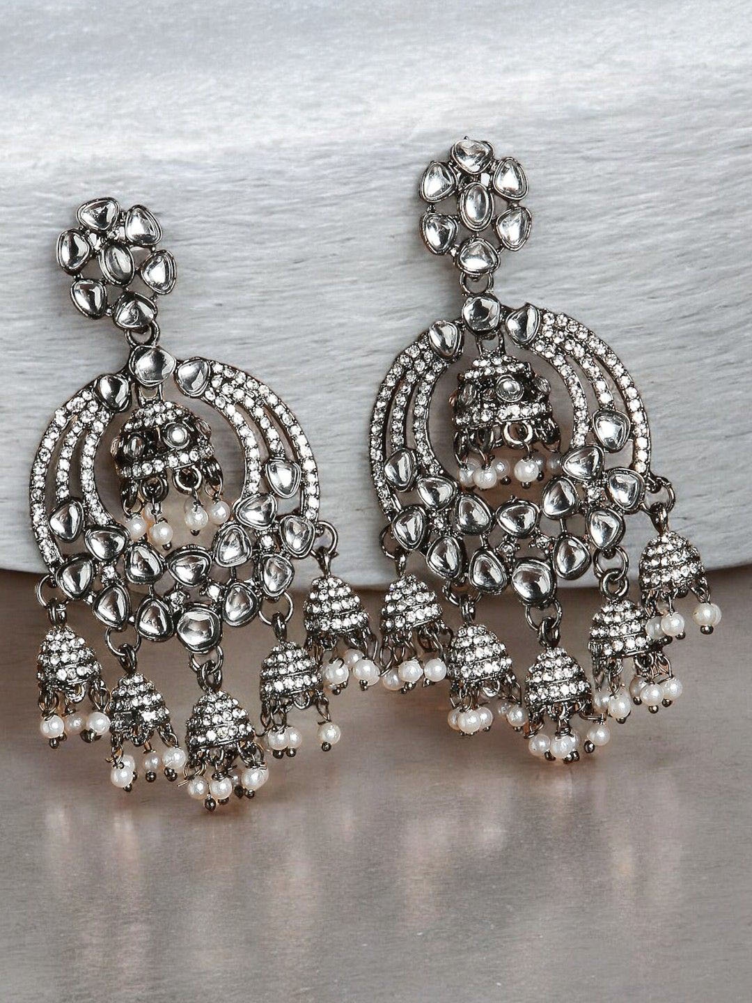 

Sangria Kundan Stone Studded & Beaded Jhumka, Silver