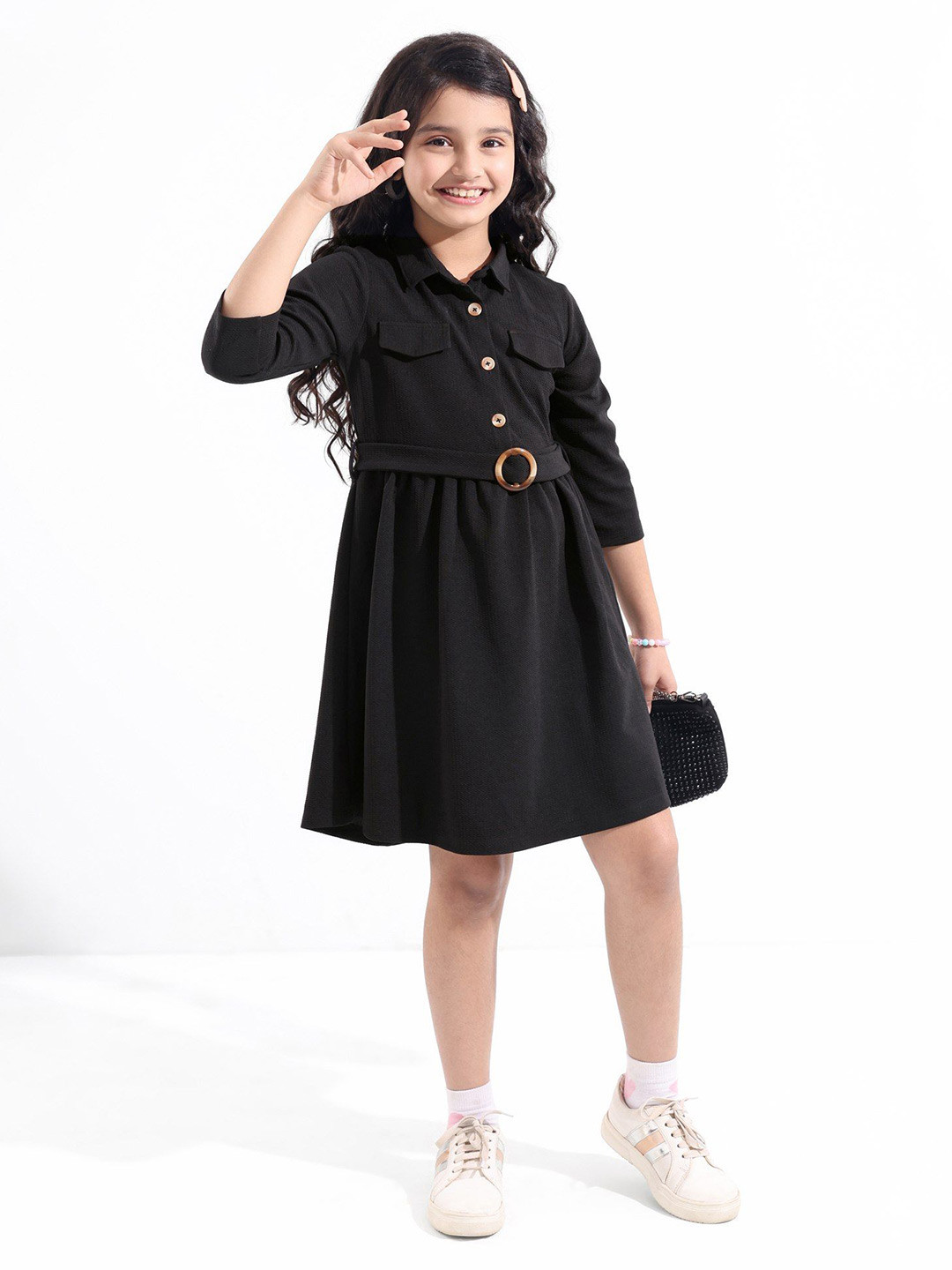 

Hola Bonita Fit & Flare Full Sleeves Solid Color Dress, Black
