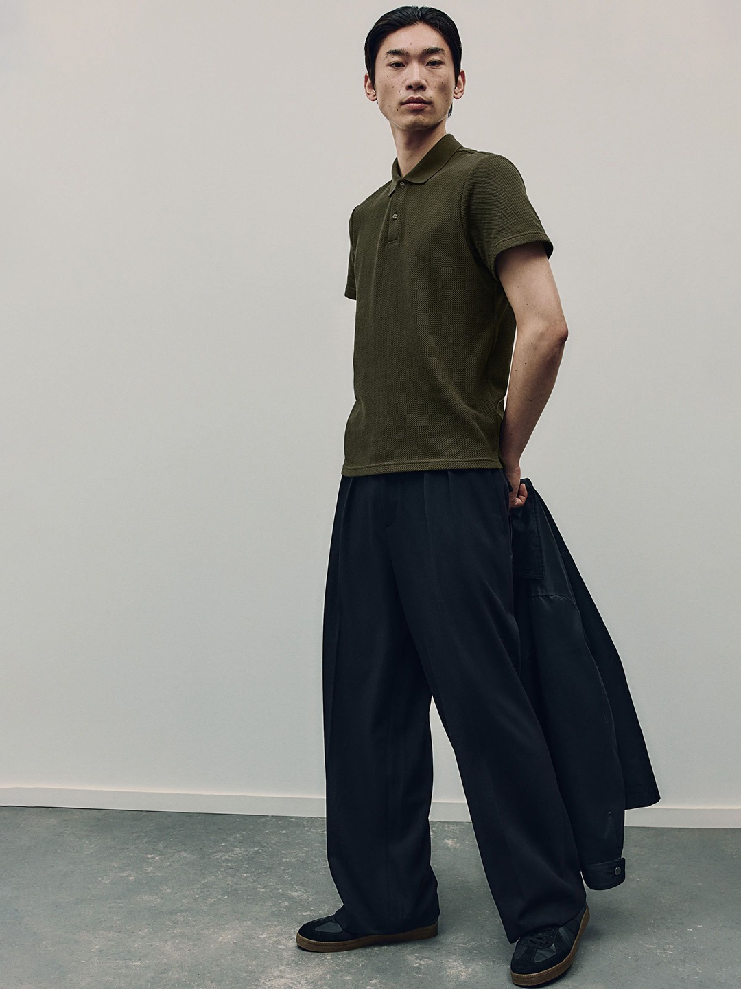 

H&M Regular Fit Textured-Knit Polo T-Shirt, Green
