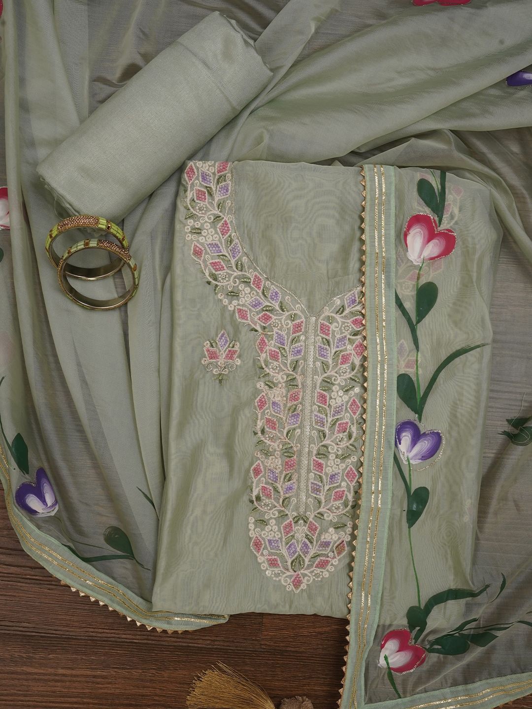 

Jaipur Kurti Handpainted Embroidered Dress Material with Dupatta, Green