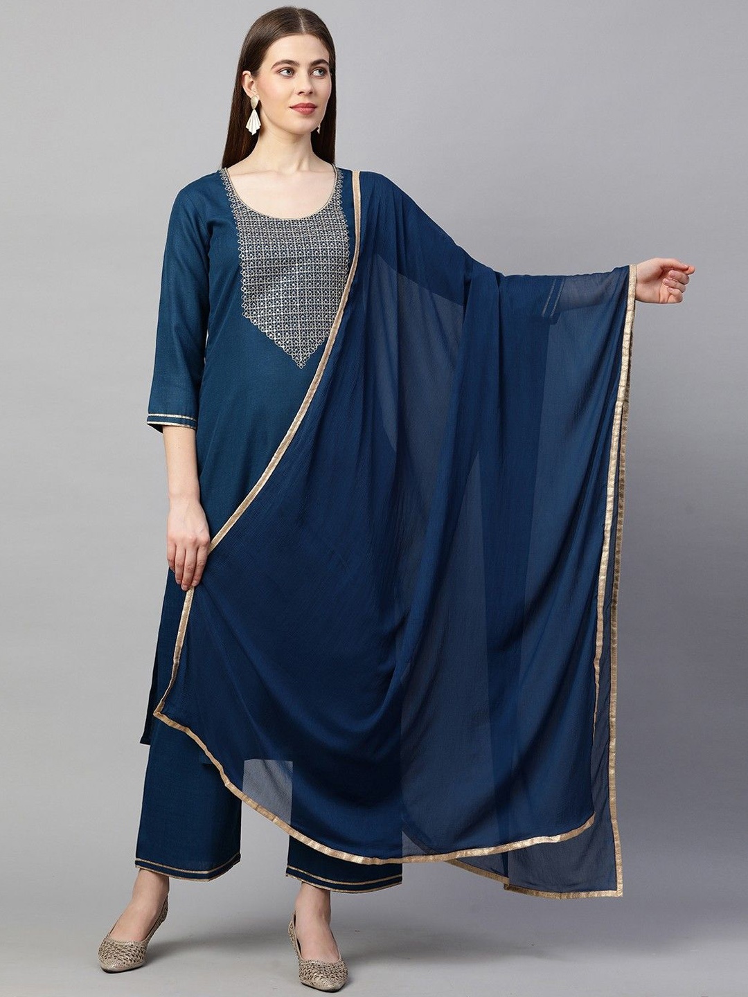 

Anni Designer Floral Embroidered Straight Kurta With Trouser & Dupatta, Blue