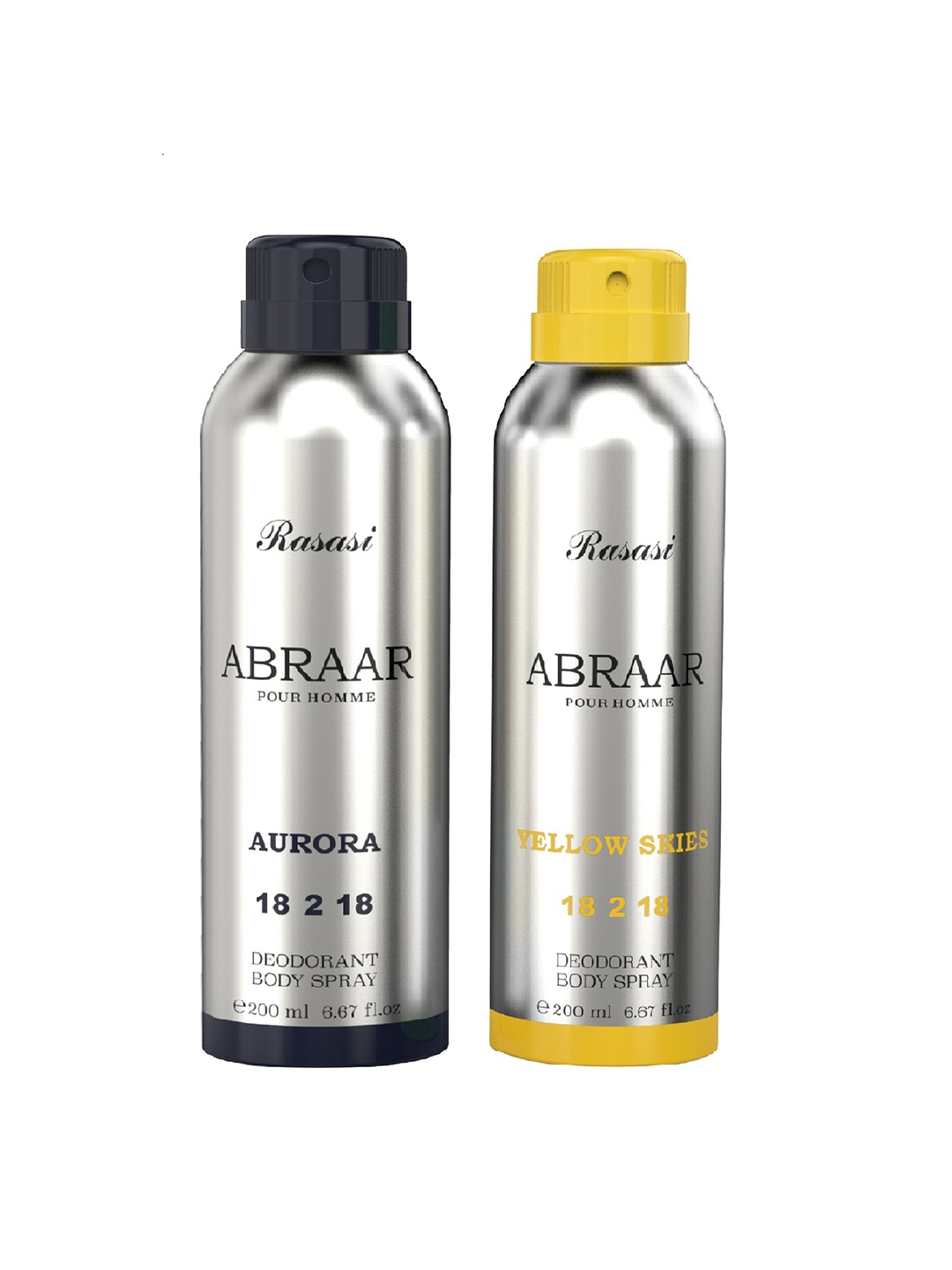 

Rasasi Set Of 2 Abraar Aurora 18 2 18 & Yellow Skies Deodorant Body Spray- 200ml Each, Silver