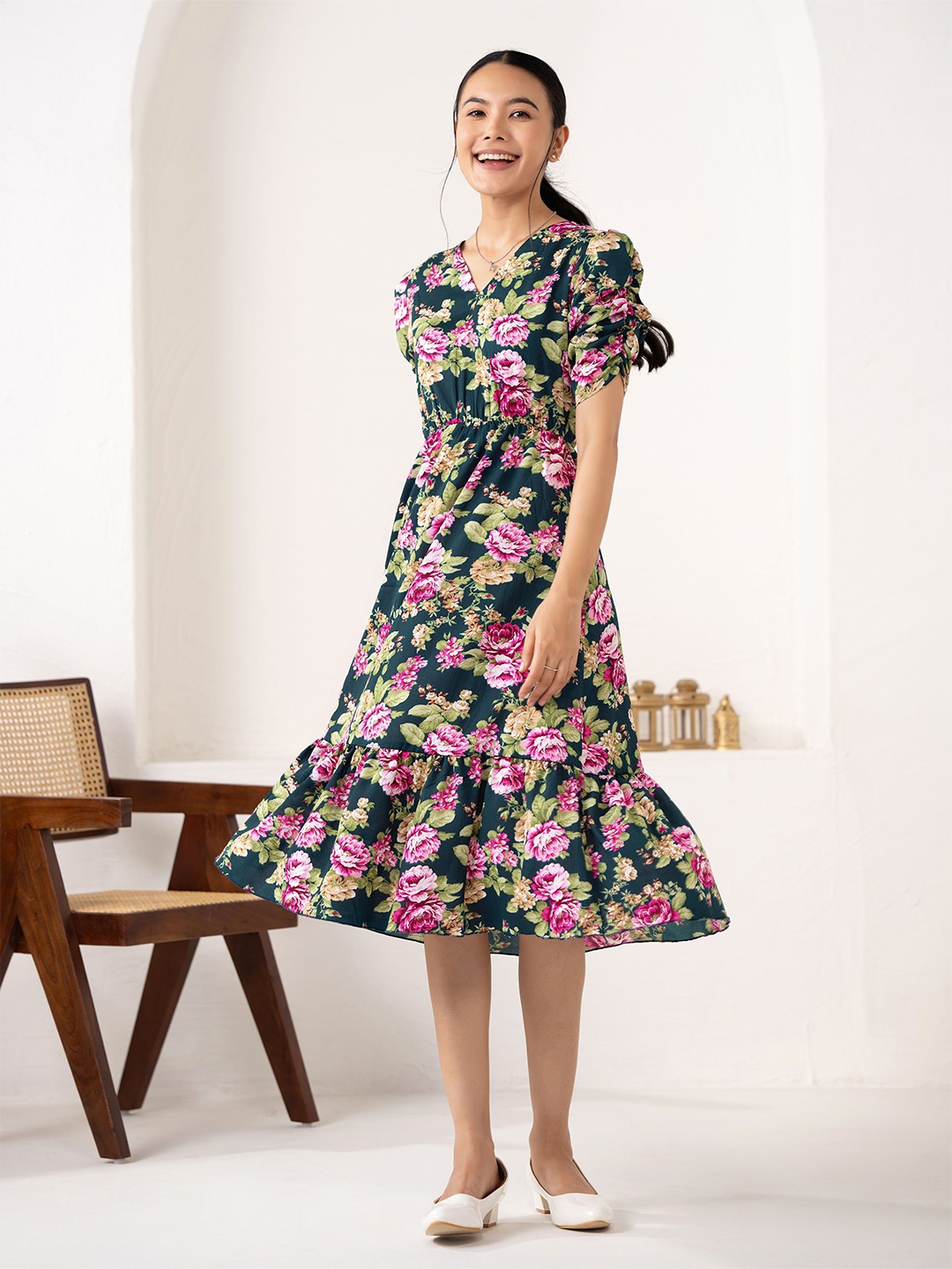 

AASK Floral Printed Puff Sleeve Fit & Flare Dress, Green