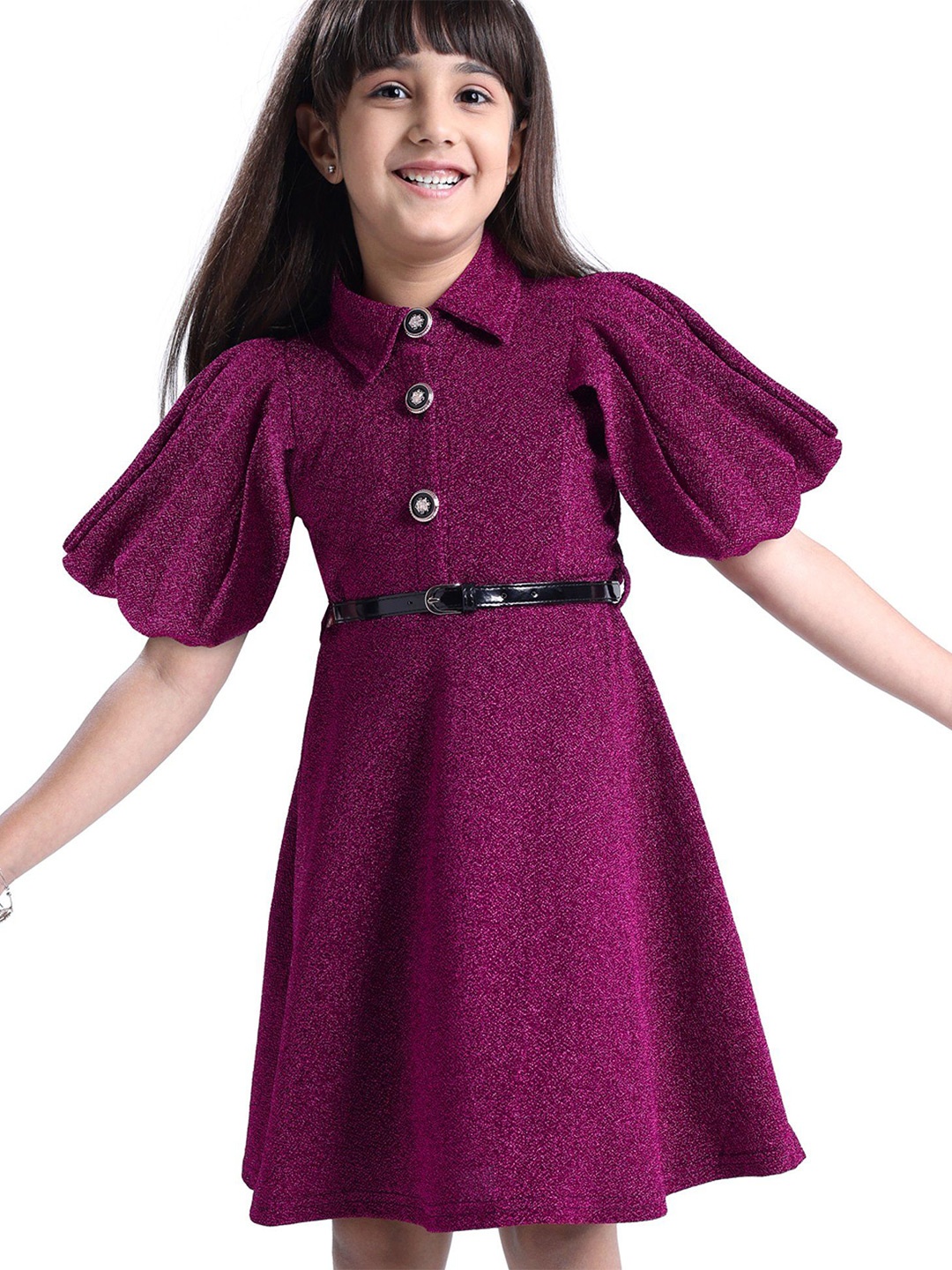 

Hola Bonita Girls Flutter Sleeve Fit & Flare Shimmer Party Frock Dress, Magenta