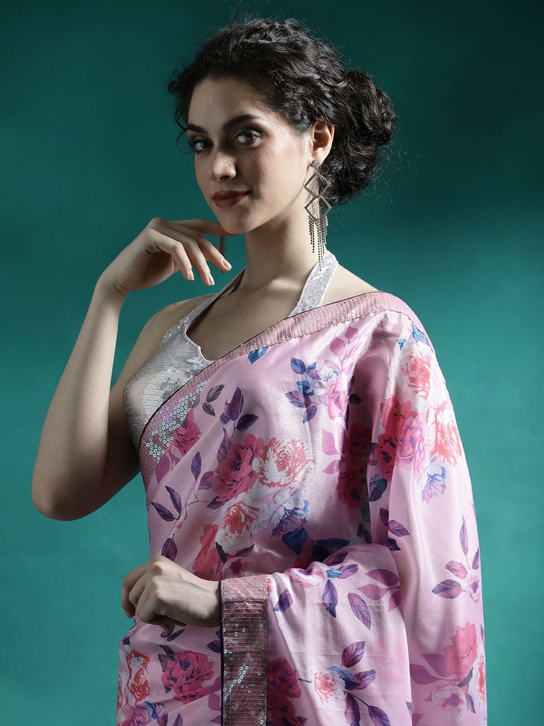 

Sangria Floral Printed With Embellished Border Saree With Unstitched Blouse Piece, Pink