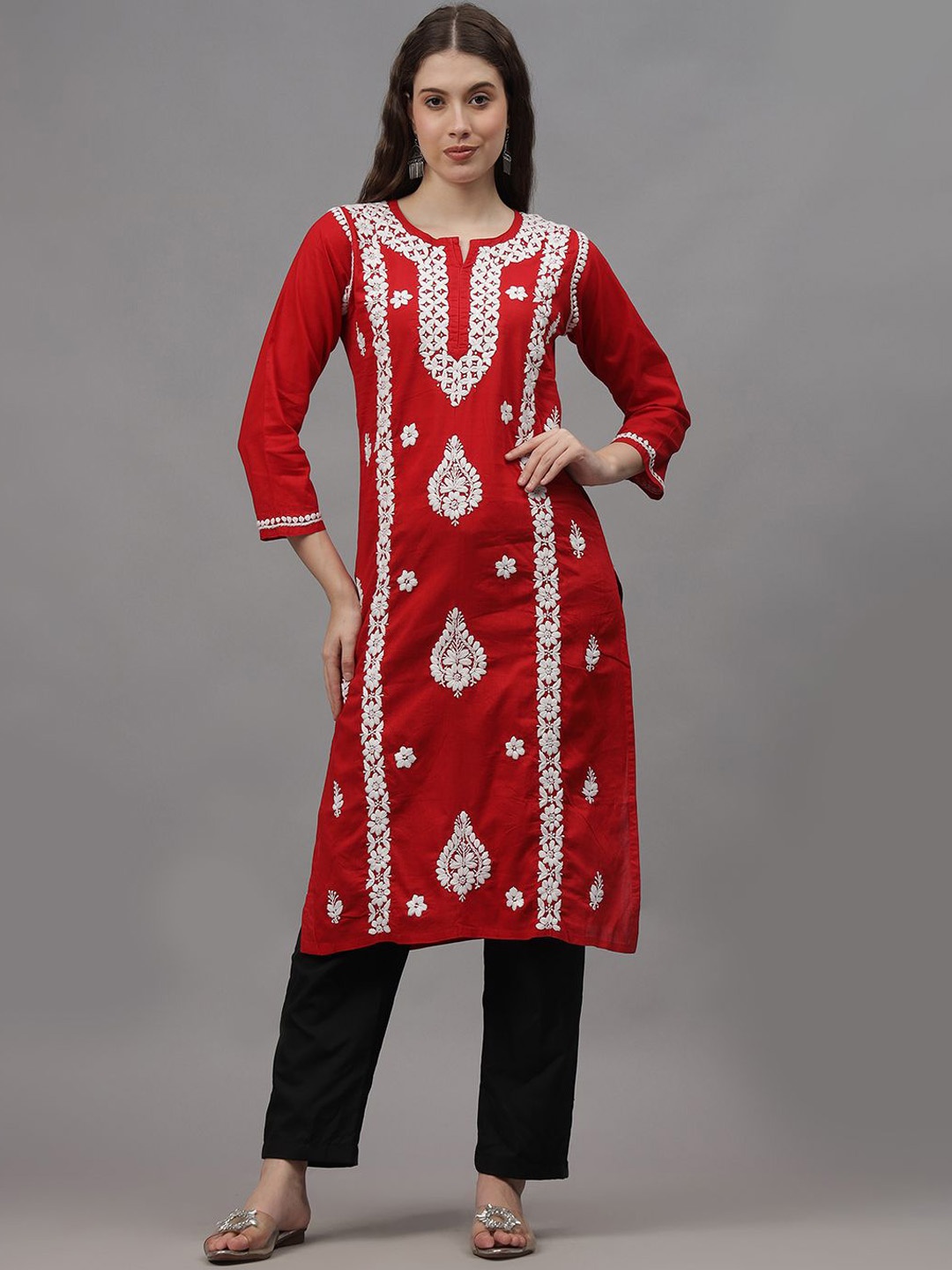 

Seva Chikan Ethnic Motifs Embroidered Cotton Chikankari Straight Kurta, Red