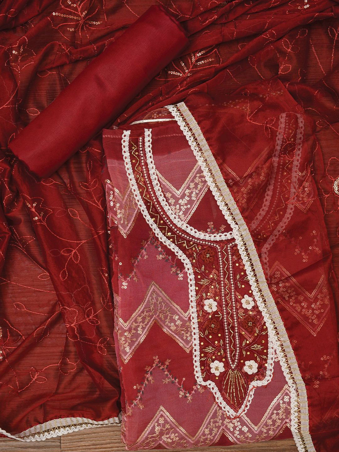 

Jaipur Kurti Sequin Embroidered Organza Dress Material with Dupatta, Red