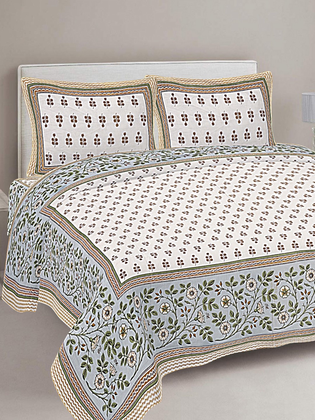 

FrionKandy Living Grey & Brown Printed Cotton 180 TC King Bedsheet With 2 Pillow Covers