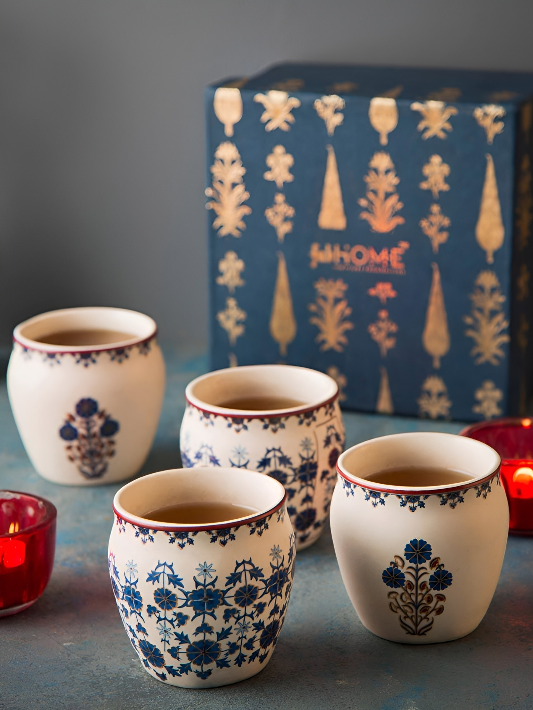 

Fabindia Cream-Coloured & Blue 4 Pieces Floral Printed Glossy Ceramic Kulhad