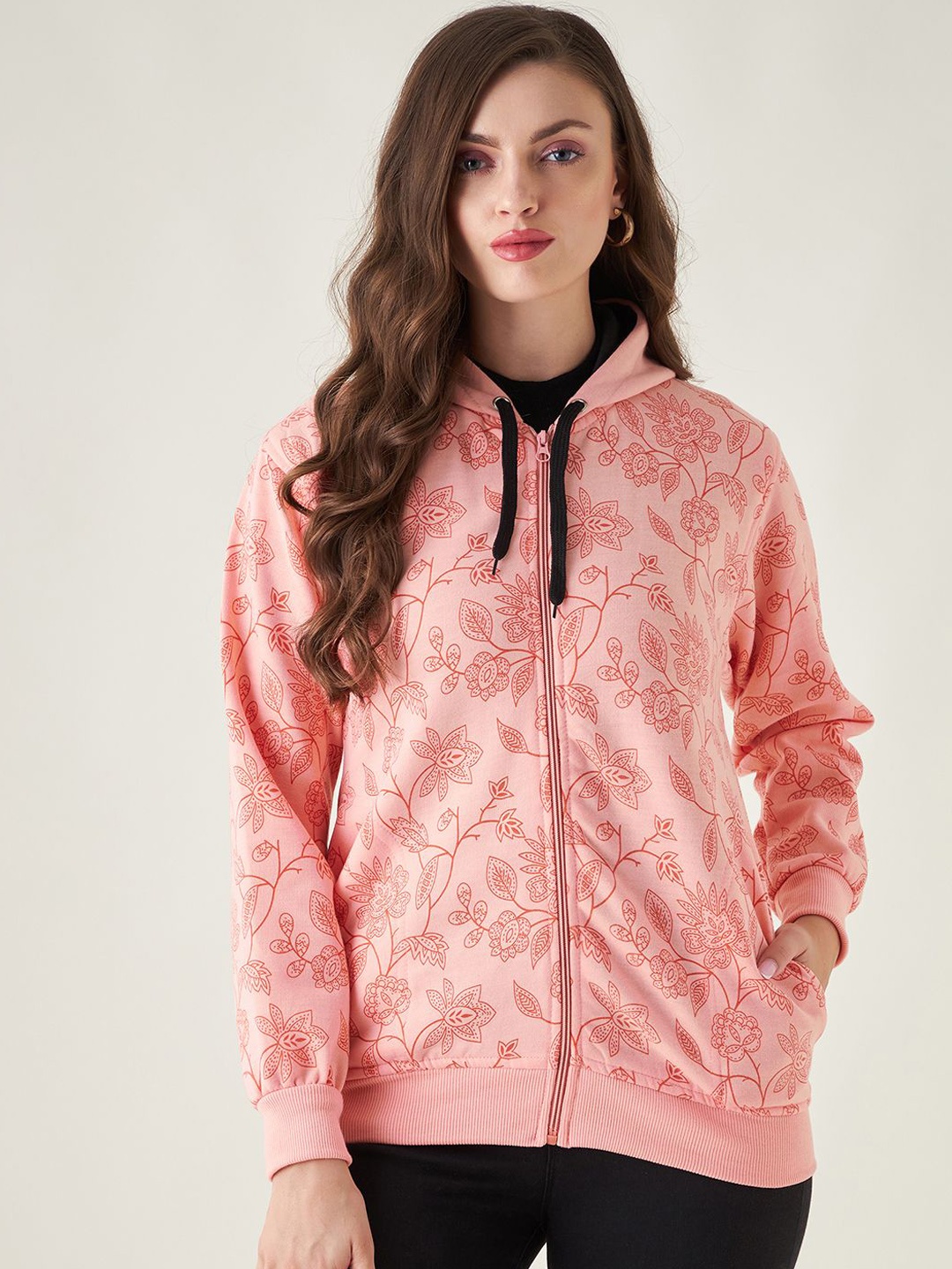 

PIVL Women Floral Printed Windcheater Hooded Jacket, Peach