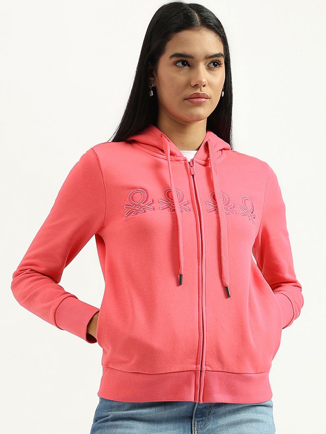 

United Colors of Benetton Women Embroidered Brand Logo Hooded Sweatshirt, Pink