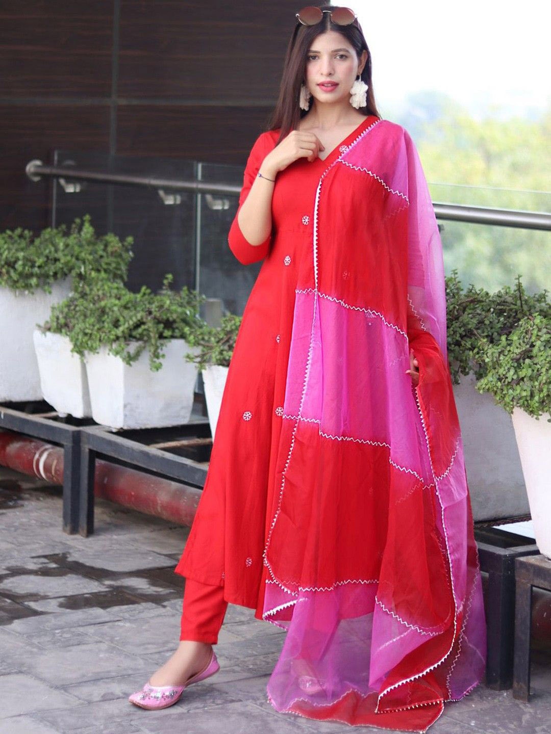

Anni Designer Floral Embroidered V-Neck Anarkali Kurta with Trousers & Dupatta, Red