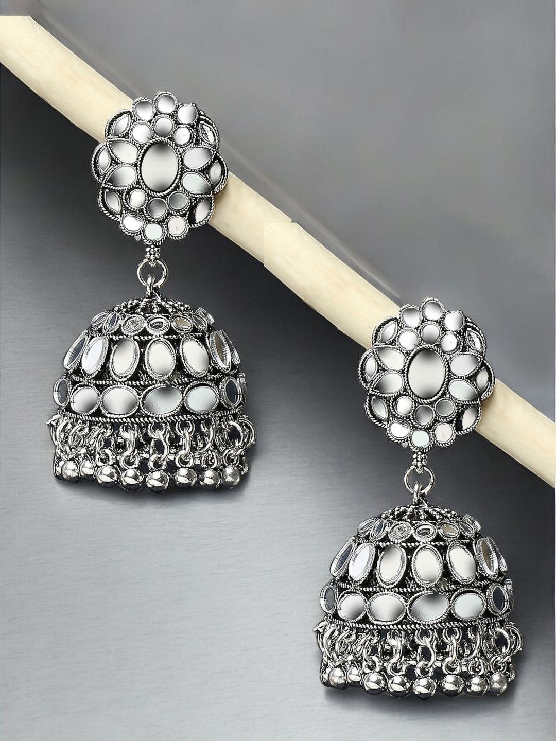 

Sangria Kundan Studded Floral Shaped Oxidised Jhumka Earrings, Silver
