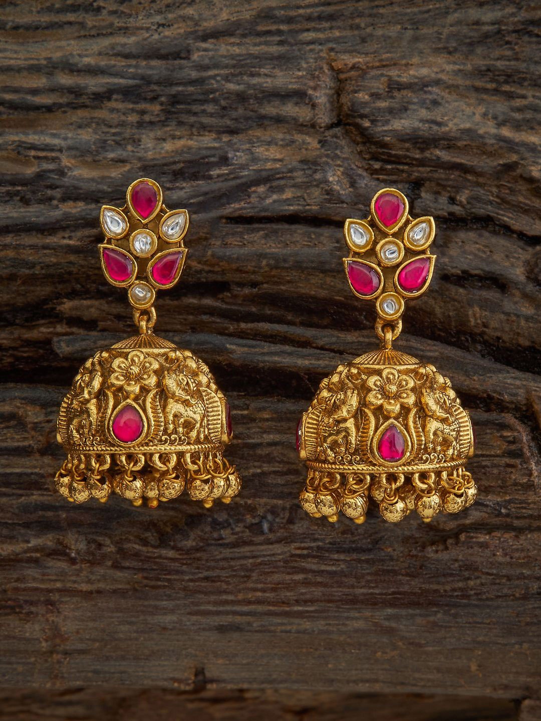 

Kushal's Fashion Jewellery Gold-Plated Dome Shaped Stone Studded Jhumkas