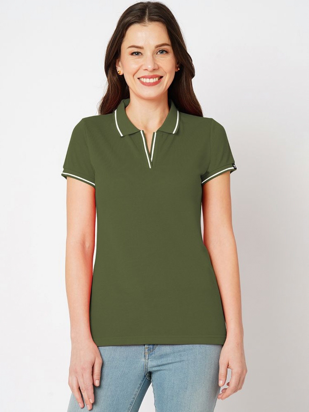 

Wear Your Opinion Women Solid Polo Collar Cotton T-shirt, Olive