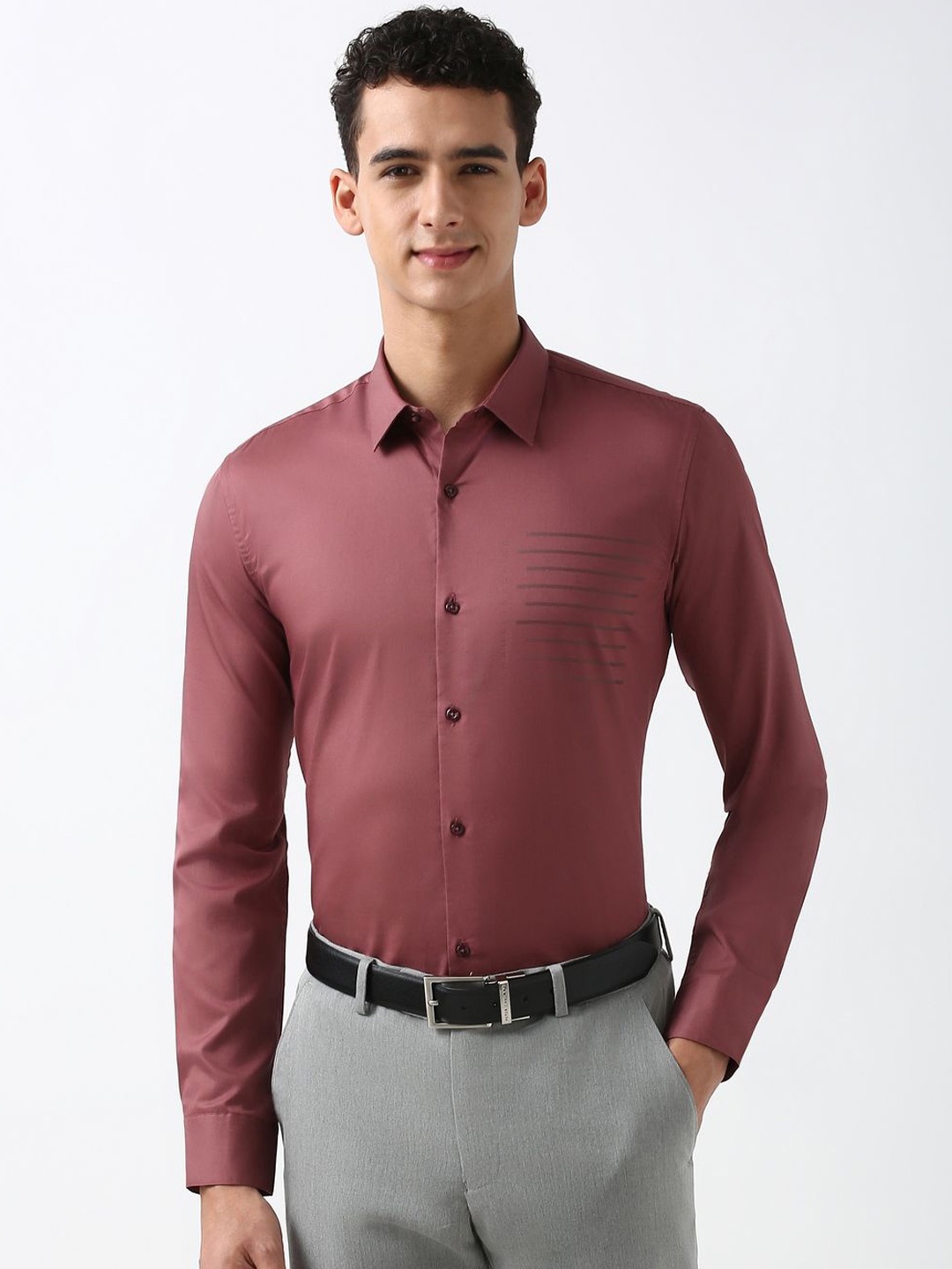 

Peter England Men Slim Fit Opaque Printed Formal Shirt, Maroon