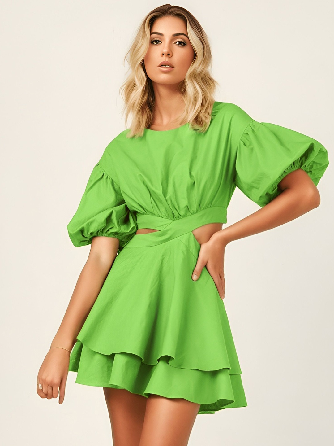 

FIESTA RESORTWEAR Puff Sleeve Fit & Flare Midi Dress, Green