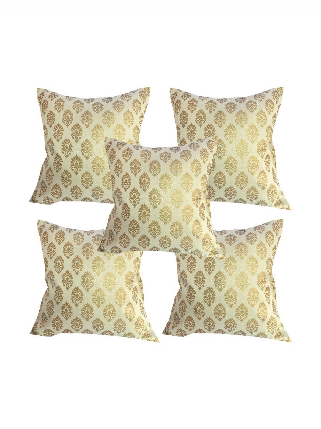 

Pink Parrot Beige & Gold-Toned 5 Pieces Jacquard Silk Ethnic Motifs Square Cushion Covers