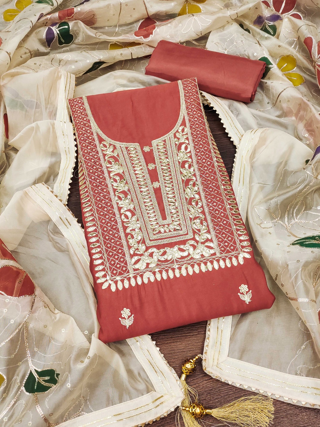 

Maroosh Floral Embellished Sequinned Unstitched Dress Material, Rust