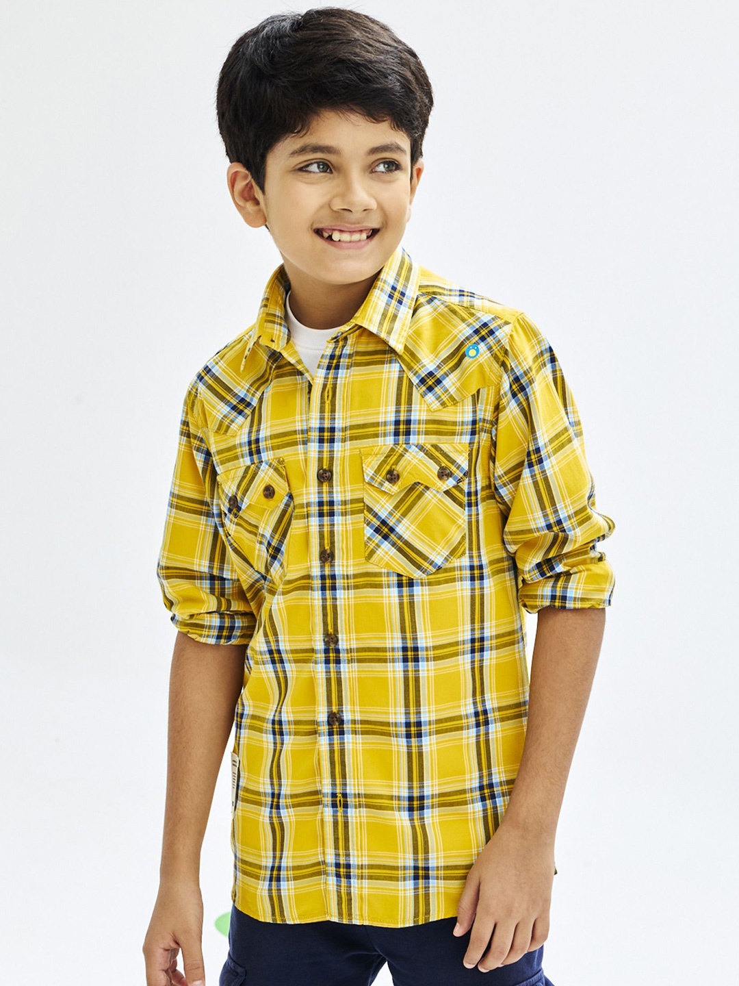 

NO MONDAYS Boys Relaxed Spread Collar Tartan Checked Cotton Casual Shirt, Yellow