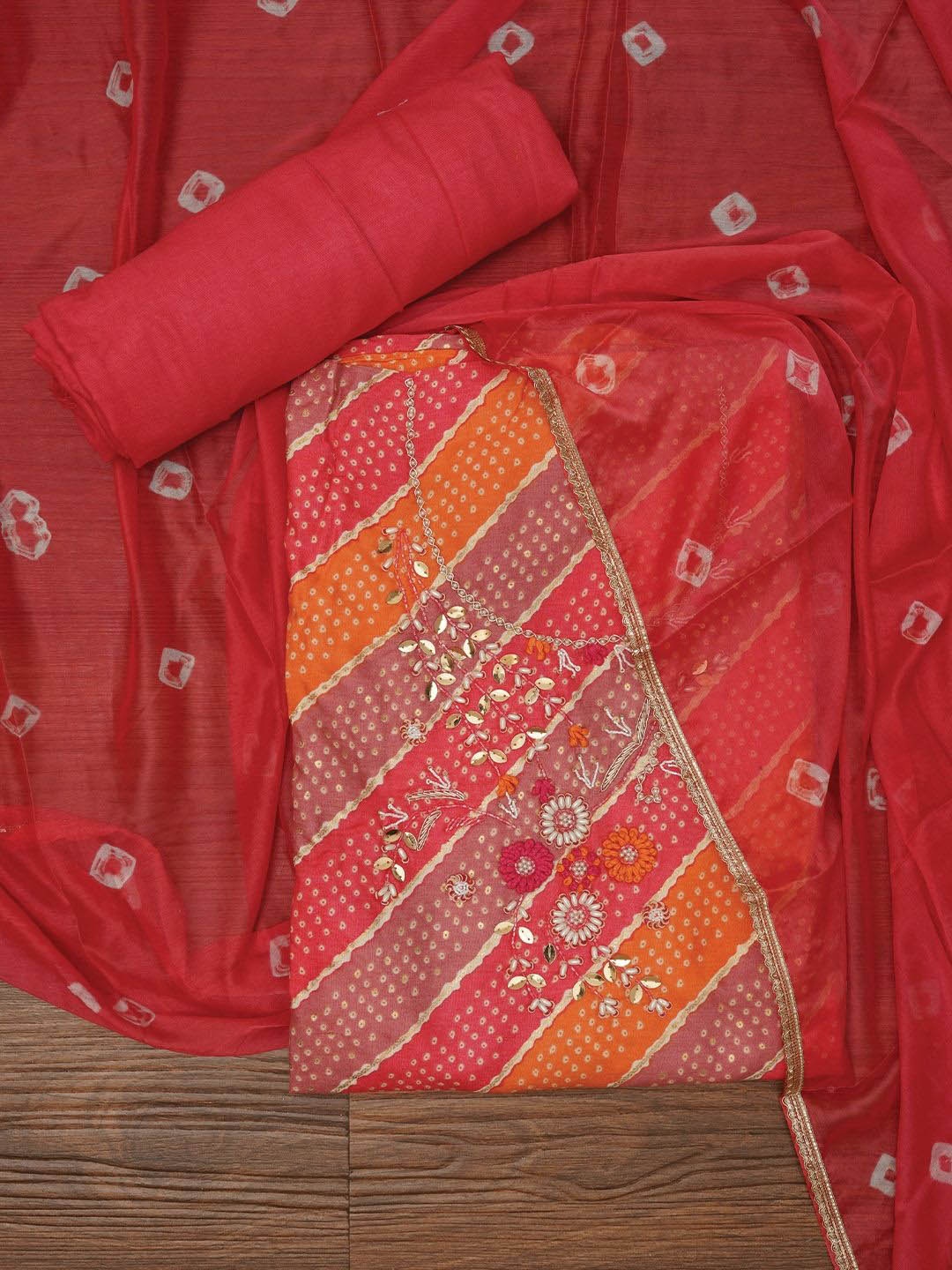 

Jaipur Kurti Unstitched Cotton Bandhani Printed Dress Material With Dupatta, Red