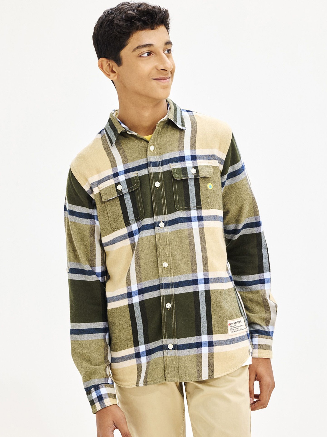 

NO MONDAYS Boys Relaxed Spread Collar Checked Cotton Casual Shirt, Olive