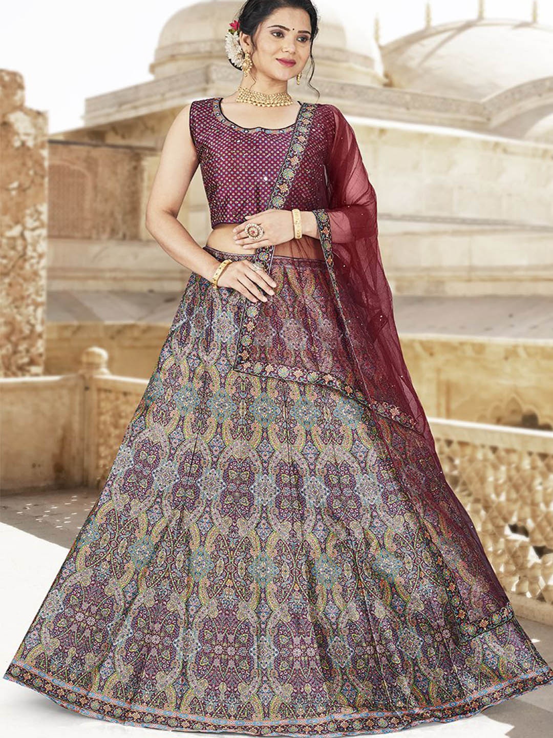 

Krimmple Printed Beads and Stones Ready To Wear Lehenga & Blouse With Dupatta, Purple