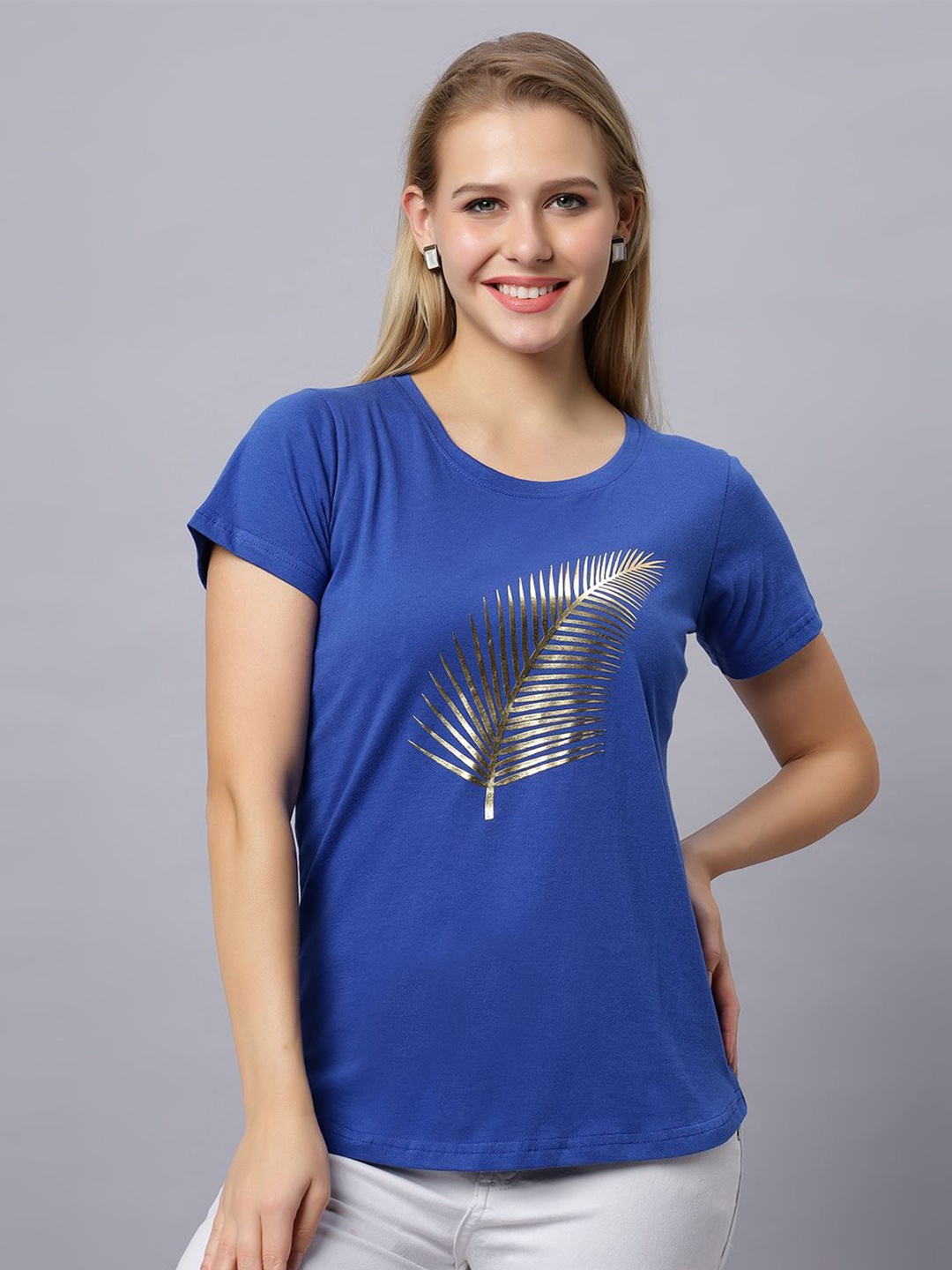 

Autumn Hues Women Leaf Printed Cotton T-shirt, Blue