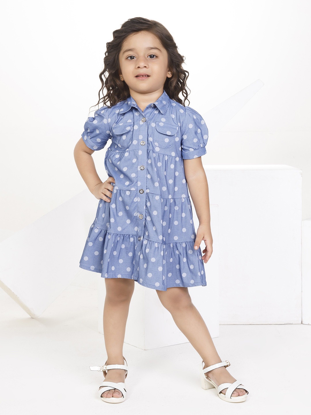 

Peppermint Girls Polka Dots Printed A-Line Dress, Blue