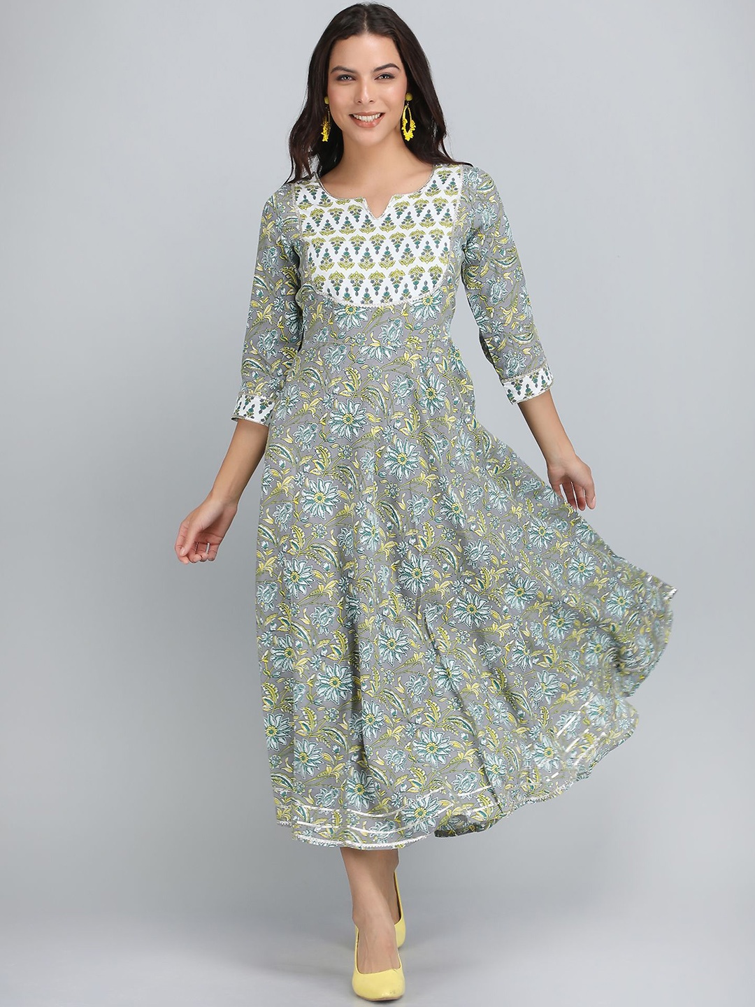 

Rubellite Floral Printed Notch Neck Fit & Flare Dress, Grey