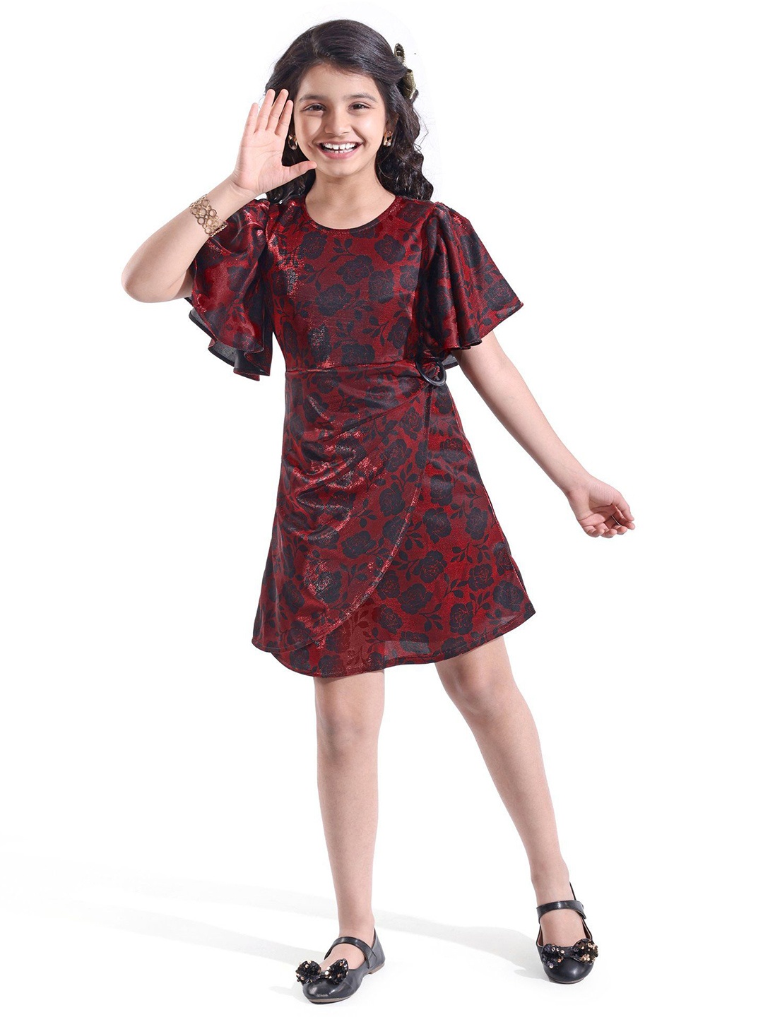 

Hola Bonita Print Flared Sleeve A-Line Dress, Red