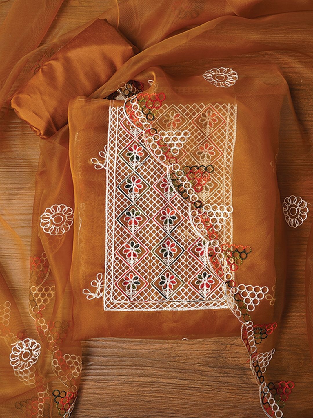 

Jaipur Kurti Zari Embroidered Organza Dress Material with Dupatta, Mustard