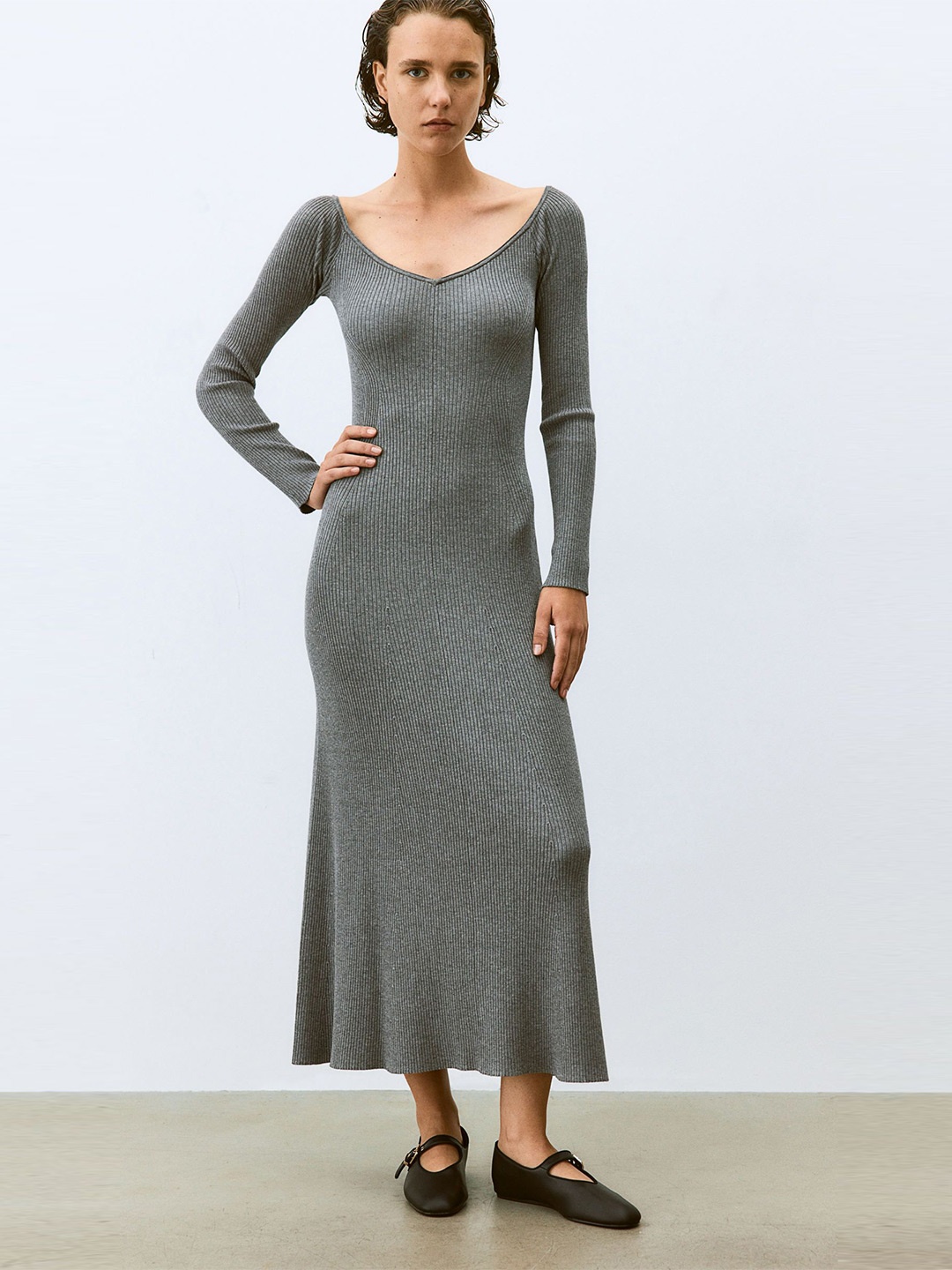 

H&M Rib-Knit Off-The-Shoulder Dress, Grey