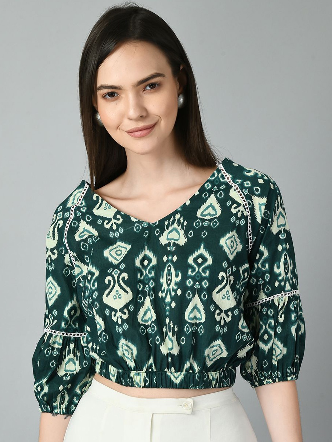 

DOISA Print Puff Sleeve Cotton Top, Green