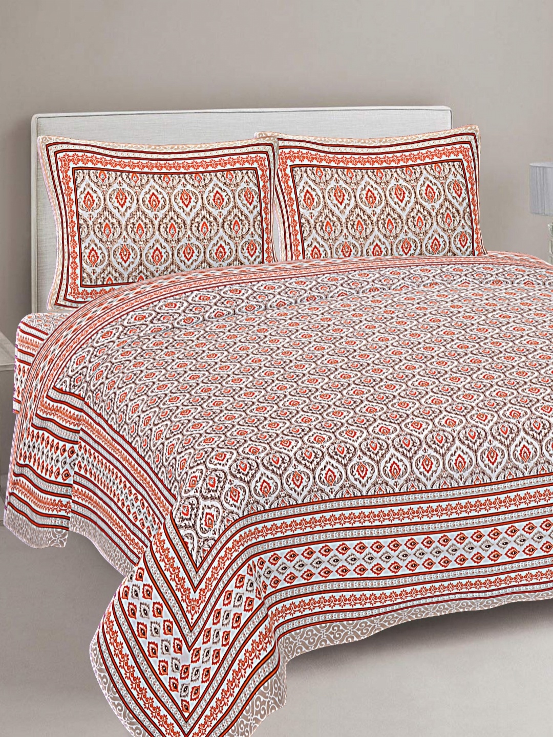 

FrionKandy Living Brown & White Printed Cotton 180 TC King Bedsheet With 2 Pillow Covers