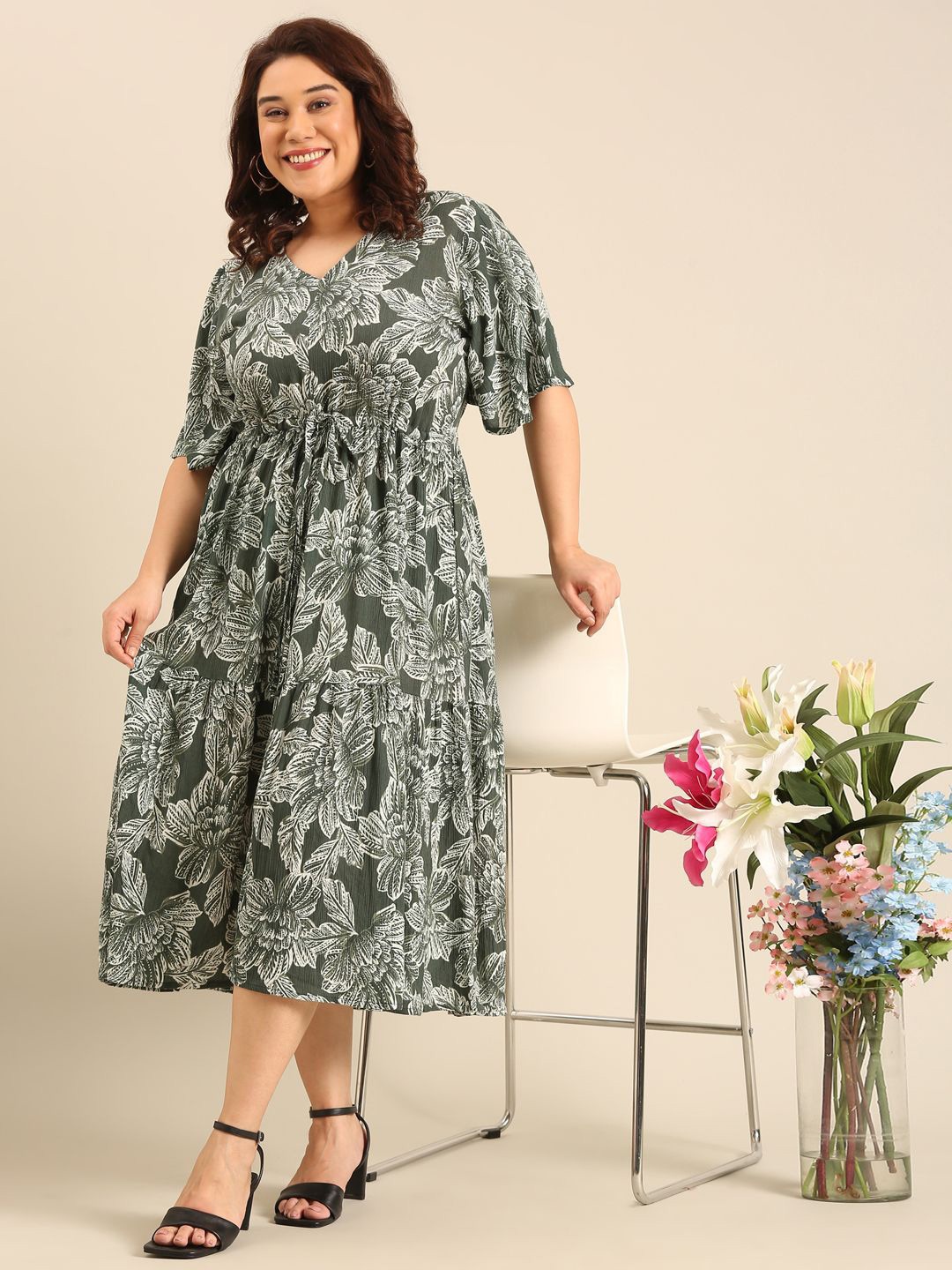 

The Pink Moon Plus Size Floral Printed Tiered Fit & Flare Midi Dress, Olive
