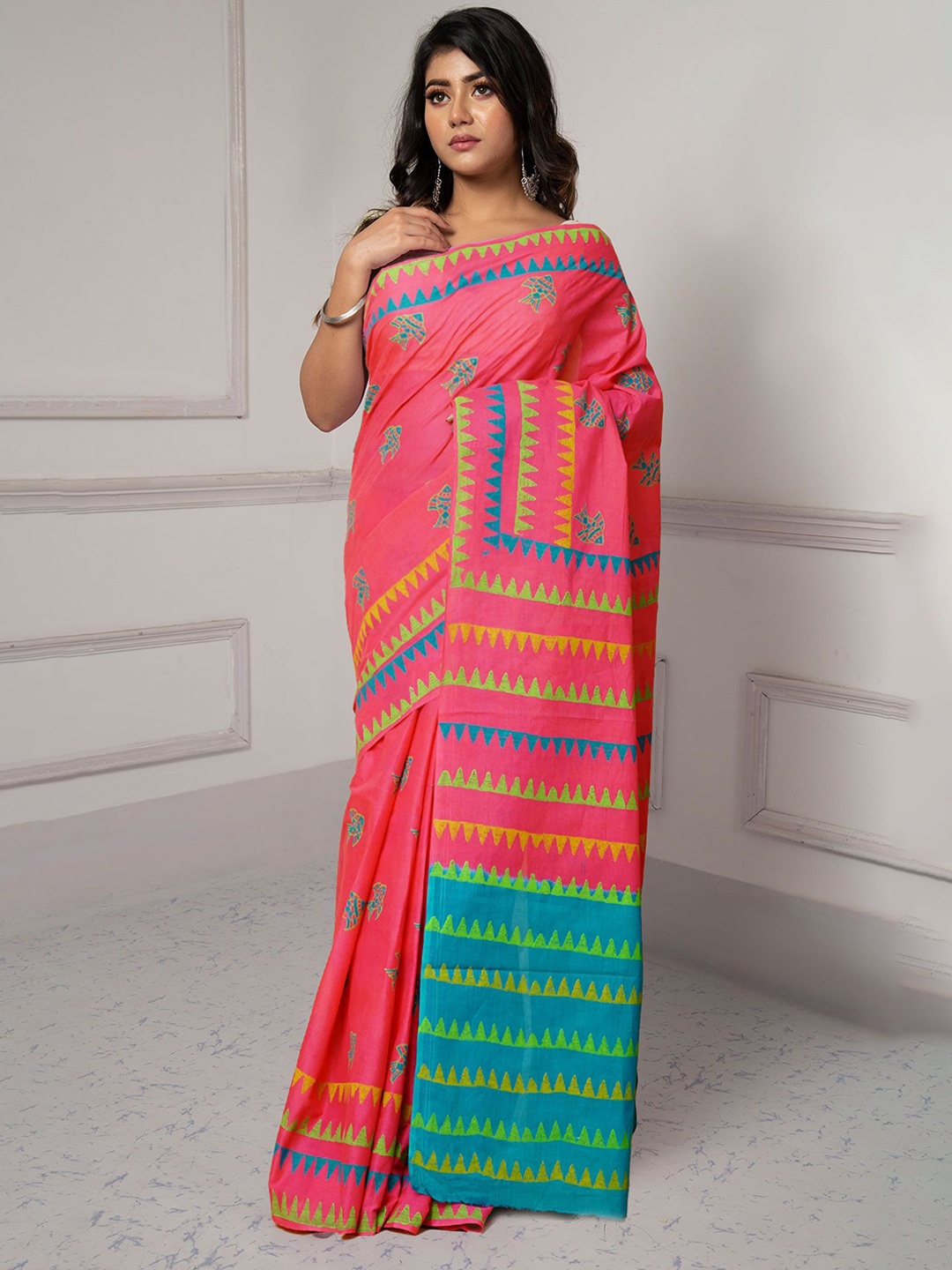

Unnati Silks Ethnic Motifs Pure Cotton Handloom Block Print Saree, Pink