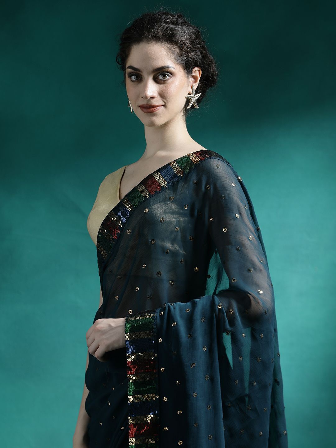 

Sangria Sequence Embroidered Saree With Unstitched Blouse Piece, Teal