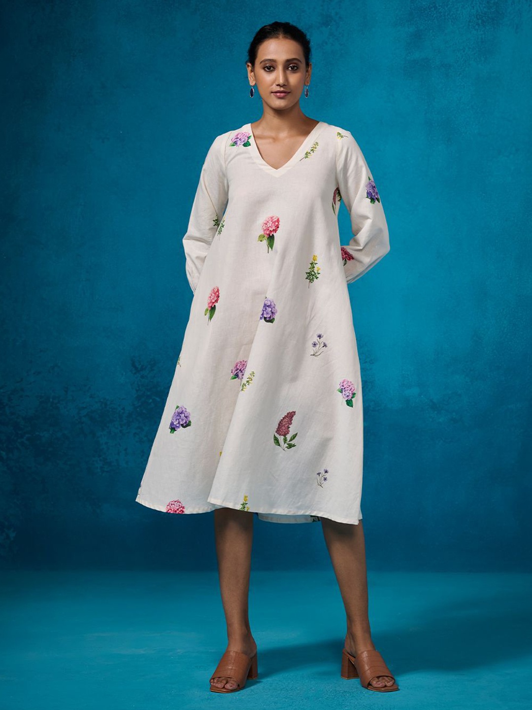 

Dressfolk Women Floral Print Linen Fit & Flare Midi Dress, Off white