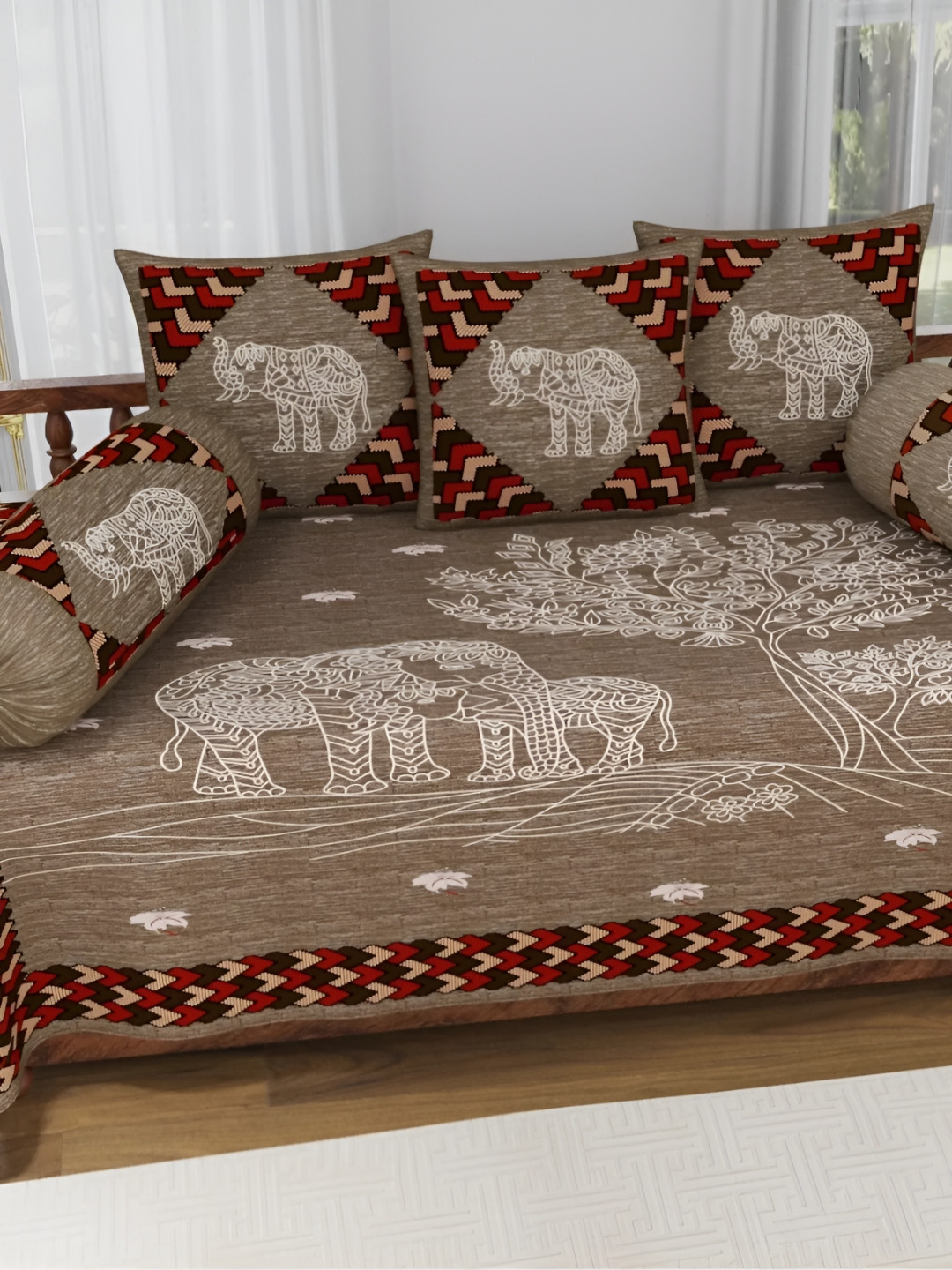 

LIVING ROOTS Brown & White 8 Pieces Ethnic Motifs Printed Cotton Diwan Set