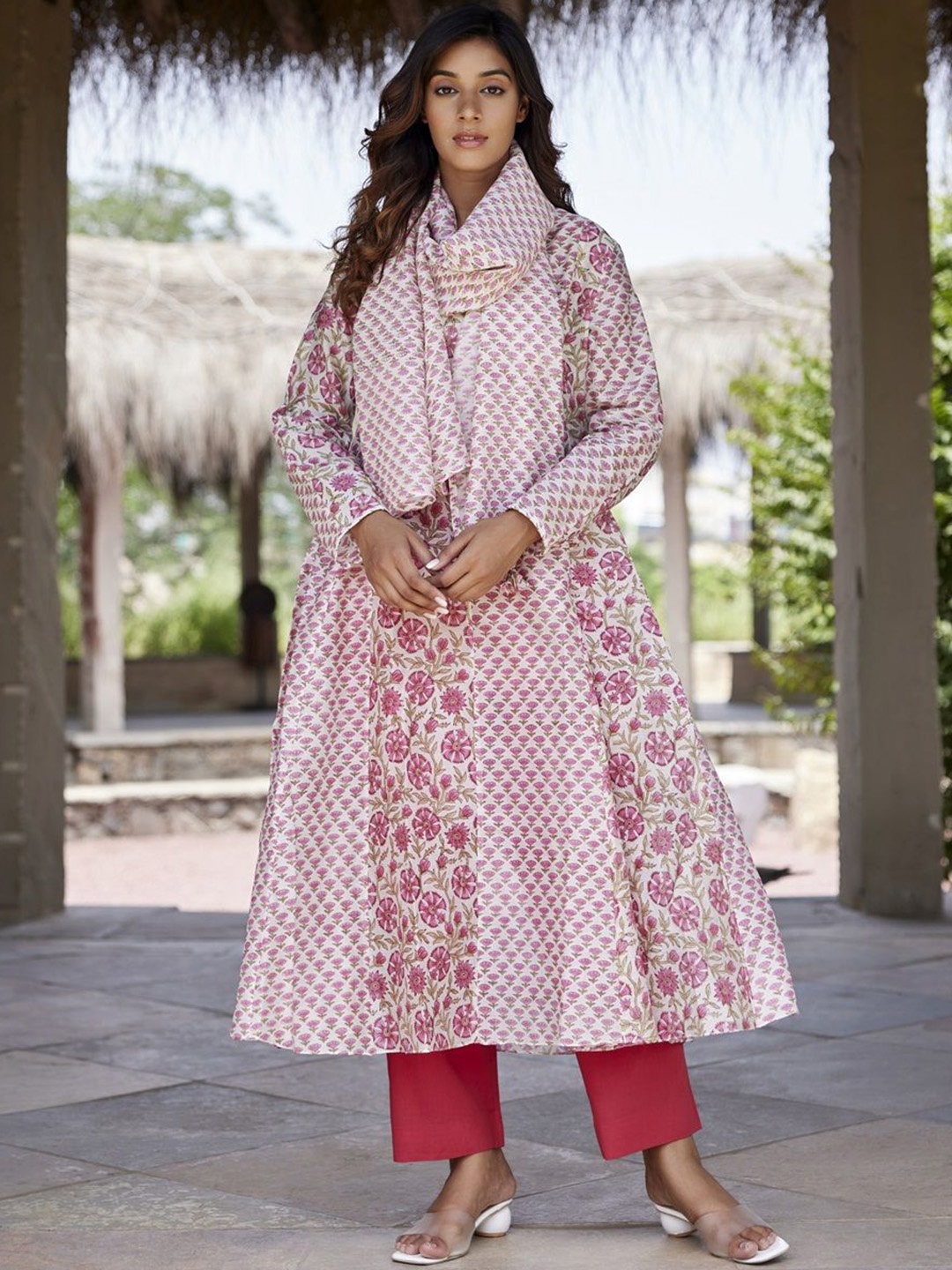 

JAIPURRANG Floral Printed Notch Neck Chanderi Silk A-Line Kurta, Pink