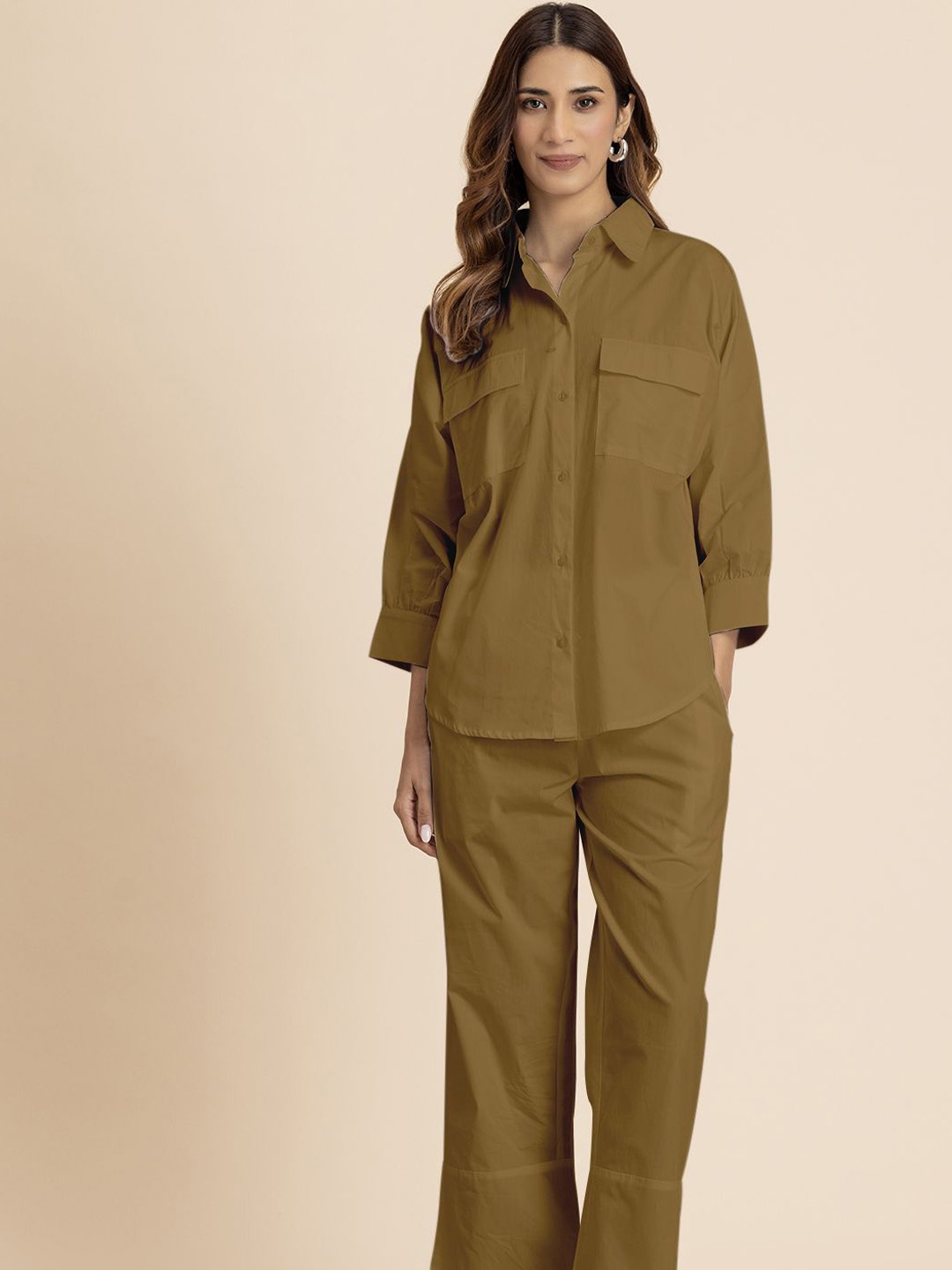 

Moomaya Cuffed Sleeves Pure Cotton Shirt With Trousers, Brown