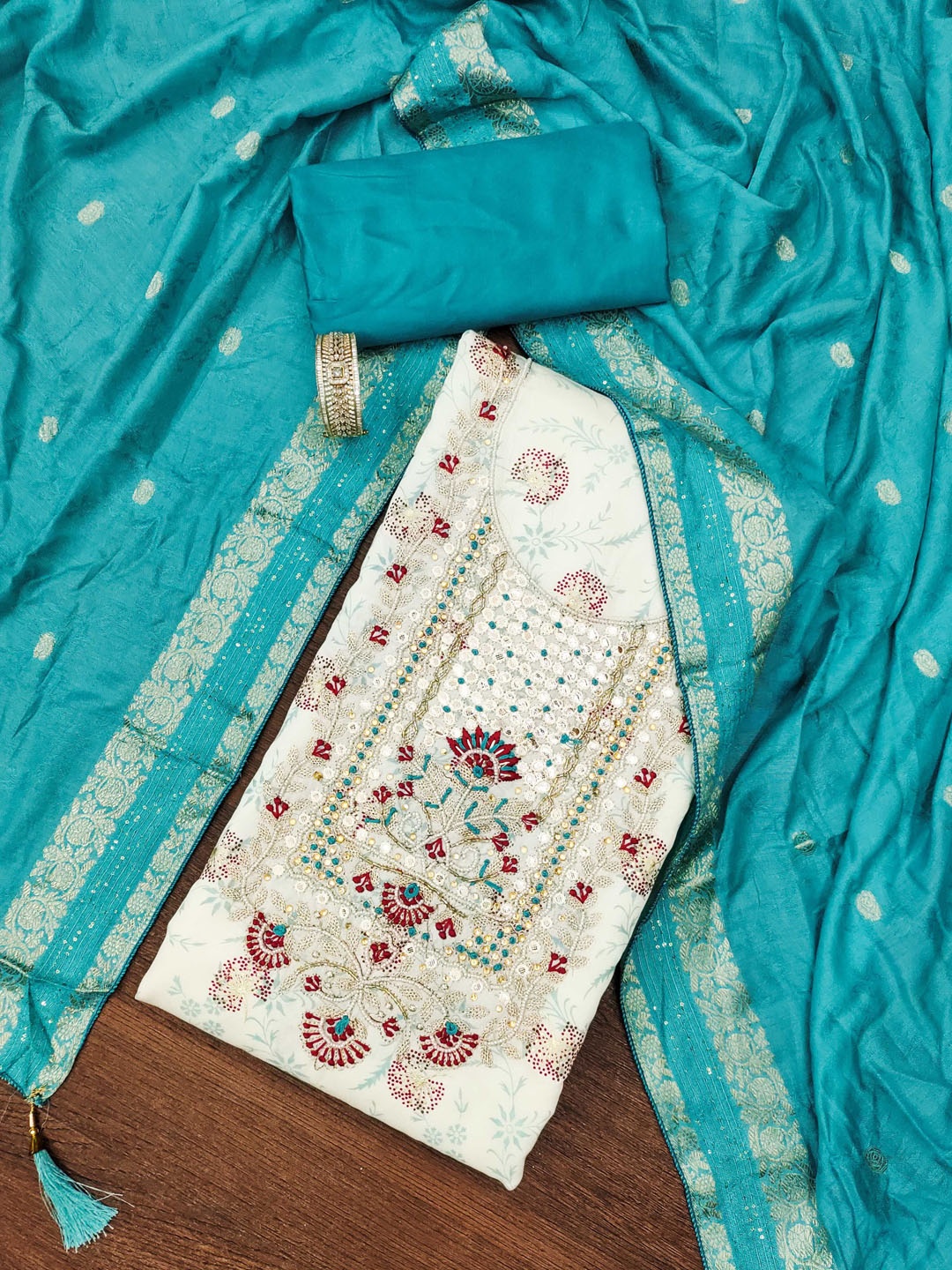 

Maroosh Floral Embroidered Beads and Stones Unstitched Dress Material, Off white