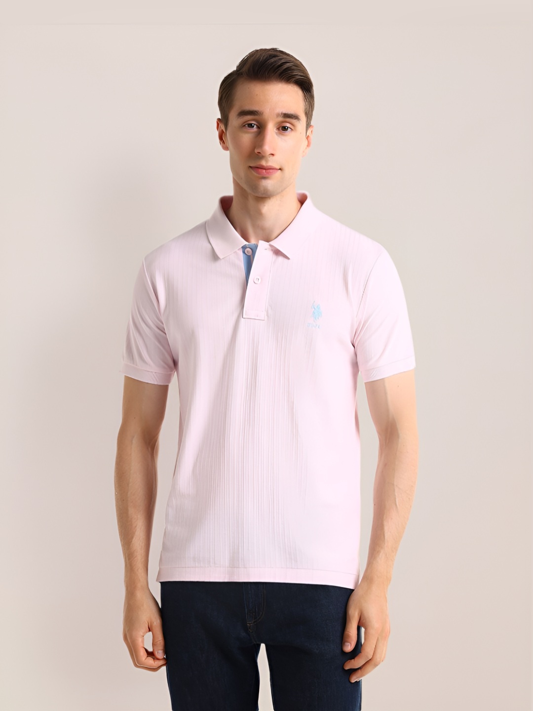 

U.S. Polo Assn. Men Solid Polo Collar Pure Cotton Slim Fit T-shirt, Pink